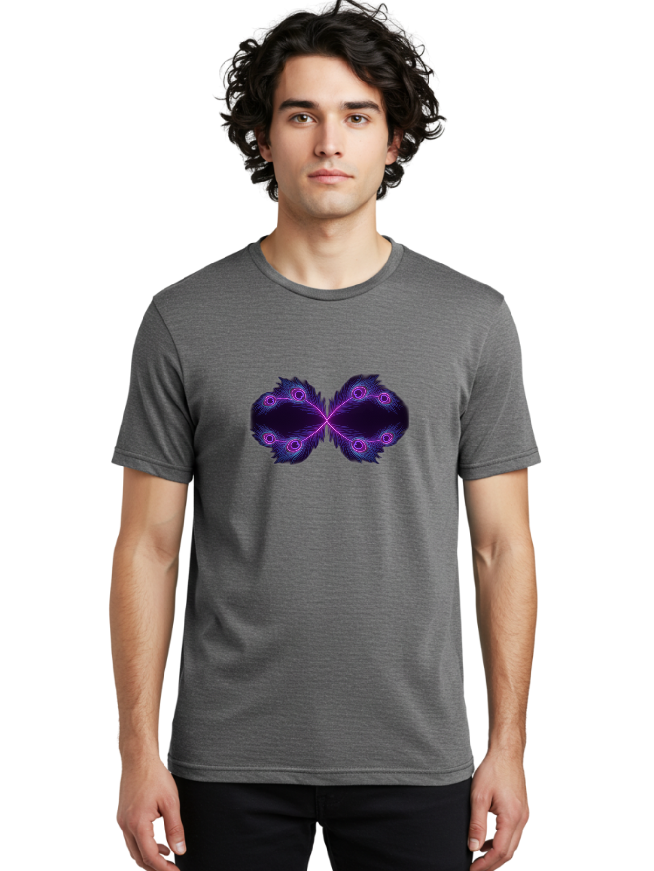 Purple-Feathers-Butterfly Men'S Graphic Tee, 100% Cotton, Comfortable Casual Summer Wear, Machine Washable, Purple Feather Design, Butterfly Shape, Neon Purple Accents, Circular Patterns, Symmetrical Art, Digital Illustration, Fantasy Art, Bab262