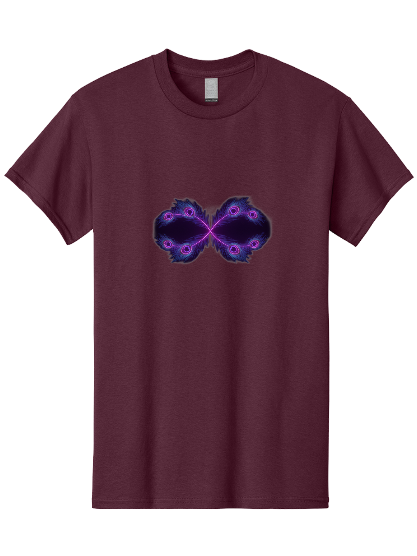 Purple-Feathers-Butterfly Men'S Graphic Tee, 100% Cotton, Comfortable Casual Summer Wear, Machine Washable, Purple Feather Design, Butterfly Shape, Neon Purple Accents, Circular Patterns, Symmetrical Art, Digital Illustration, Fantasy Art, Bab262