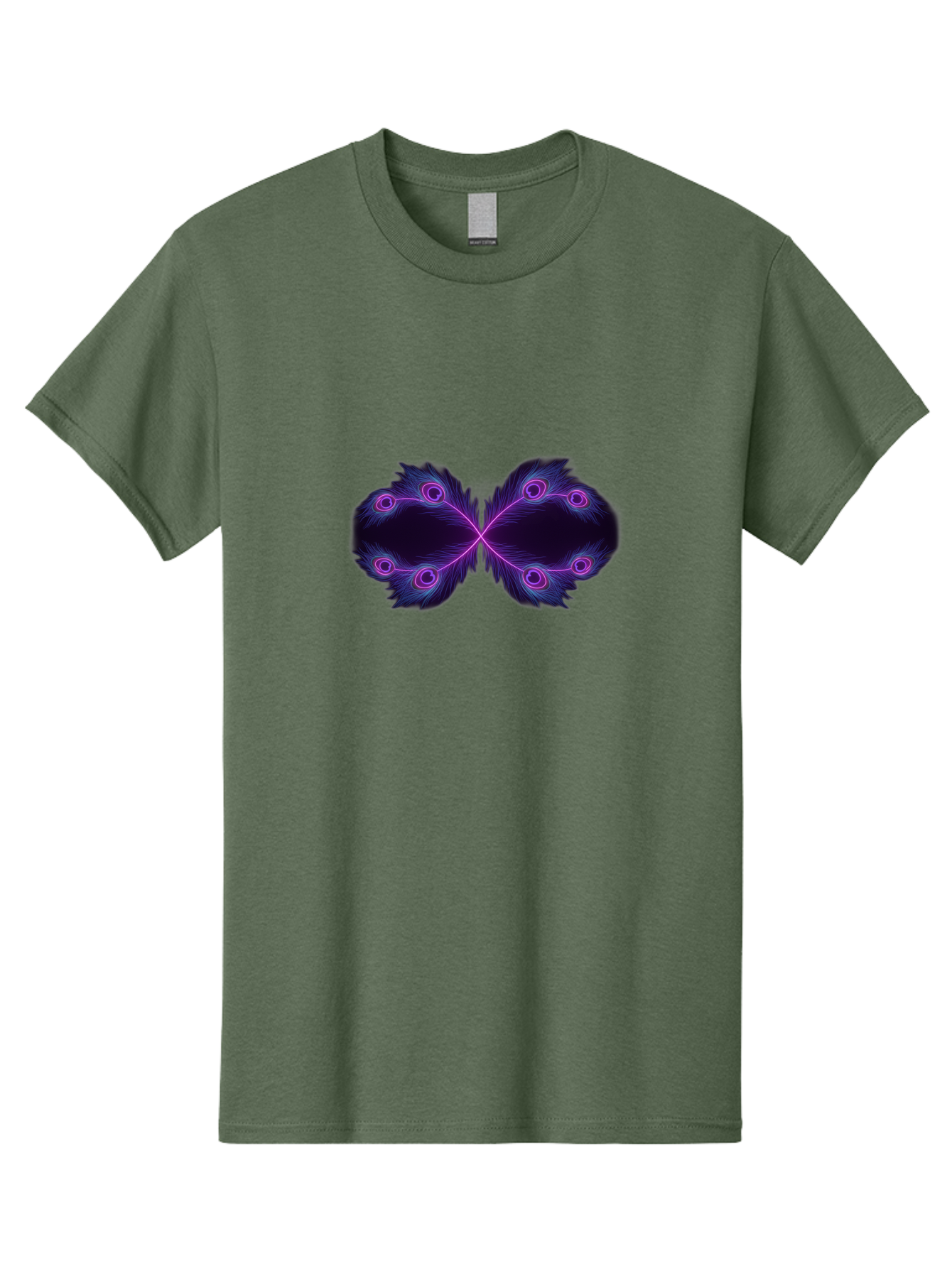 Purple-Feathers-Butterfly Men'S Graphic Tee, 100% Cotton, Comfortable Casual Summer Wear, Machine Washable, Purple Feather Design, Butterfly Shape, Neon Purple Accents, Circular Patterns, Symmetrical Art, Digital Illustration, Fantasy Art, Bab262