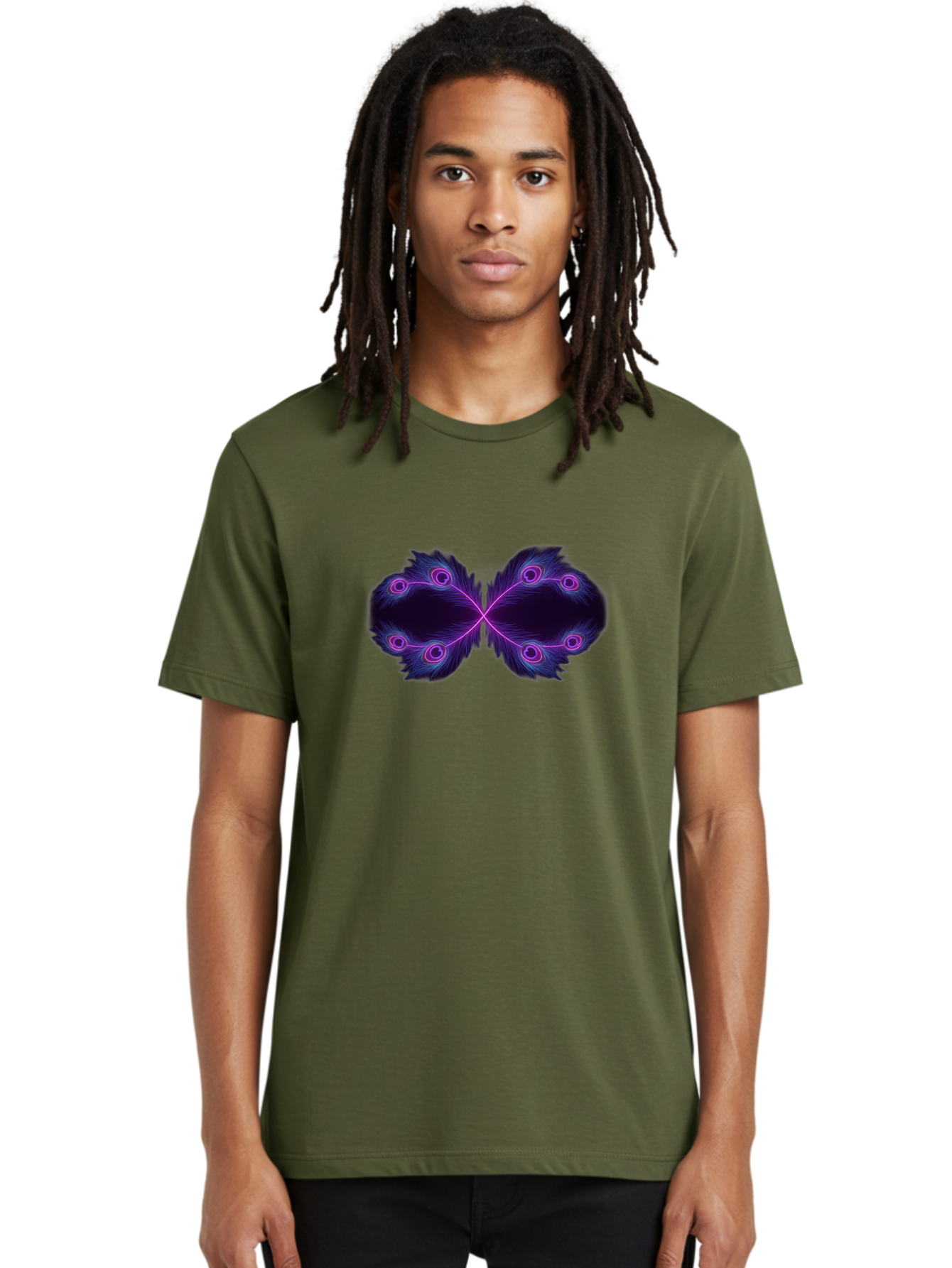 Purple-Feathers-Butterfly Men'S Graphic Tee, 100% Cotton, Comfortable Casual Summer Wear, Machine Washable, Purple Feather Design, Butterfly Shape, Neon Purple Accents, Circular Patterns, Symmetrical Art, Digital Illustration, Fantasy Art, Bab262