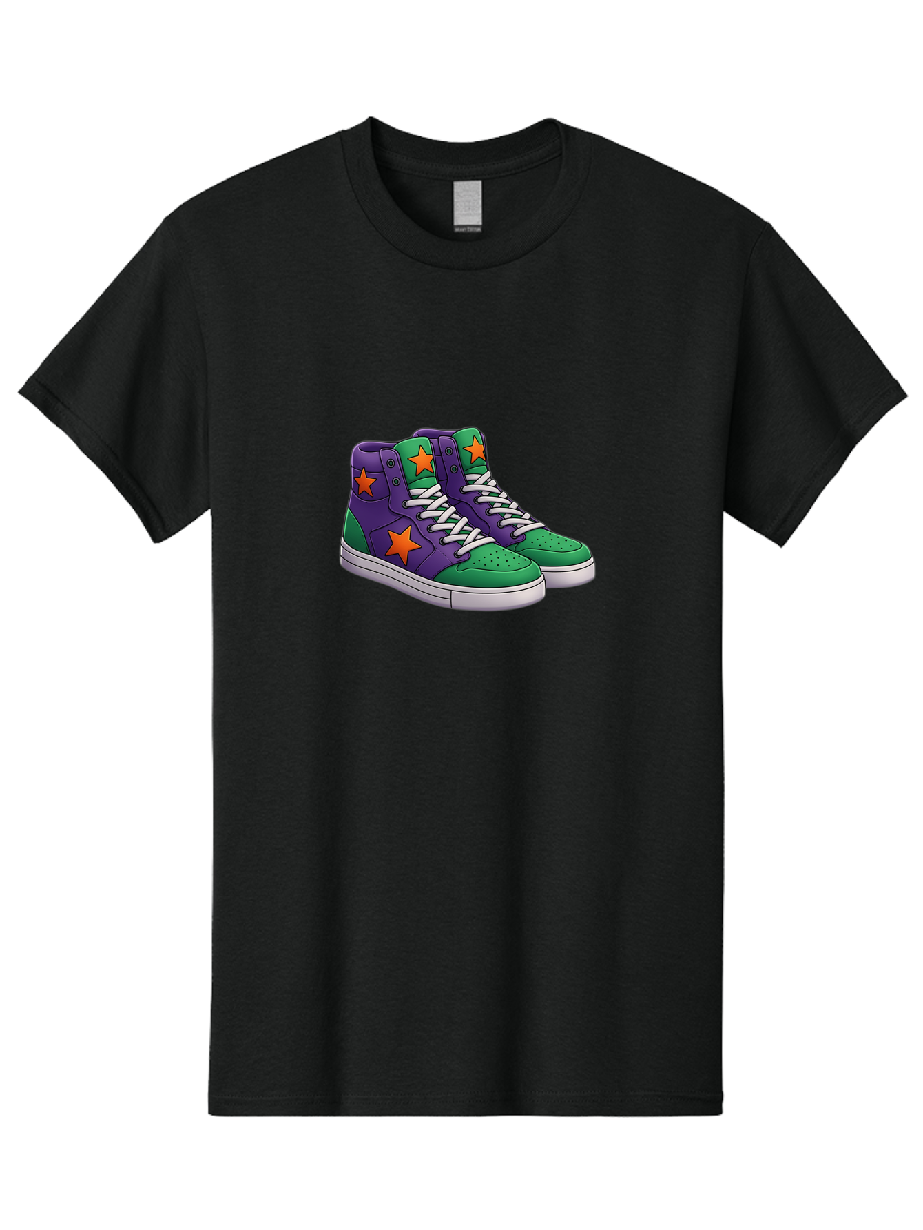 Purple-Green-Sneakers Men'S Graphic Tee, 100% Cotton, Comfortable Casual Summer Wear, Machine Washable, High Top Sneakers, Purple And Green Colorblock, Orange Star Design, White Laces, Fashion Sneakers, Streetwear Style, Bab263