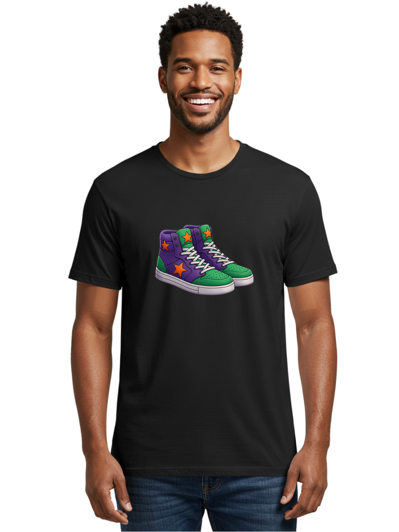 Purple-Green-Sneakers Men'S Graphic Tee, 100% Cotton, Comfortable Casual Summer Wear, Machine Washable, High Top Sneakers, Purple And Green Colorblock, Orange Star Design, White Laces, Fashion Sneakers, Streetwear Style, Bab263