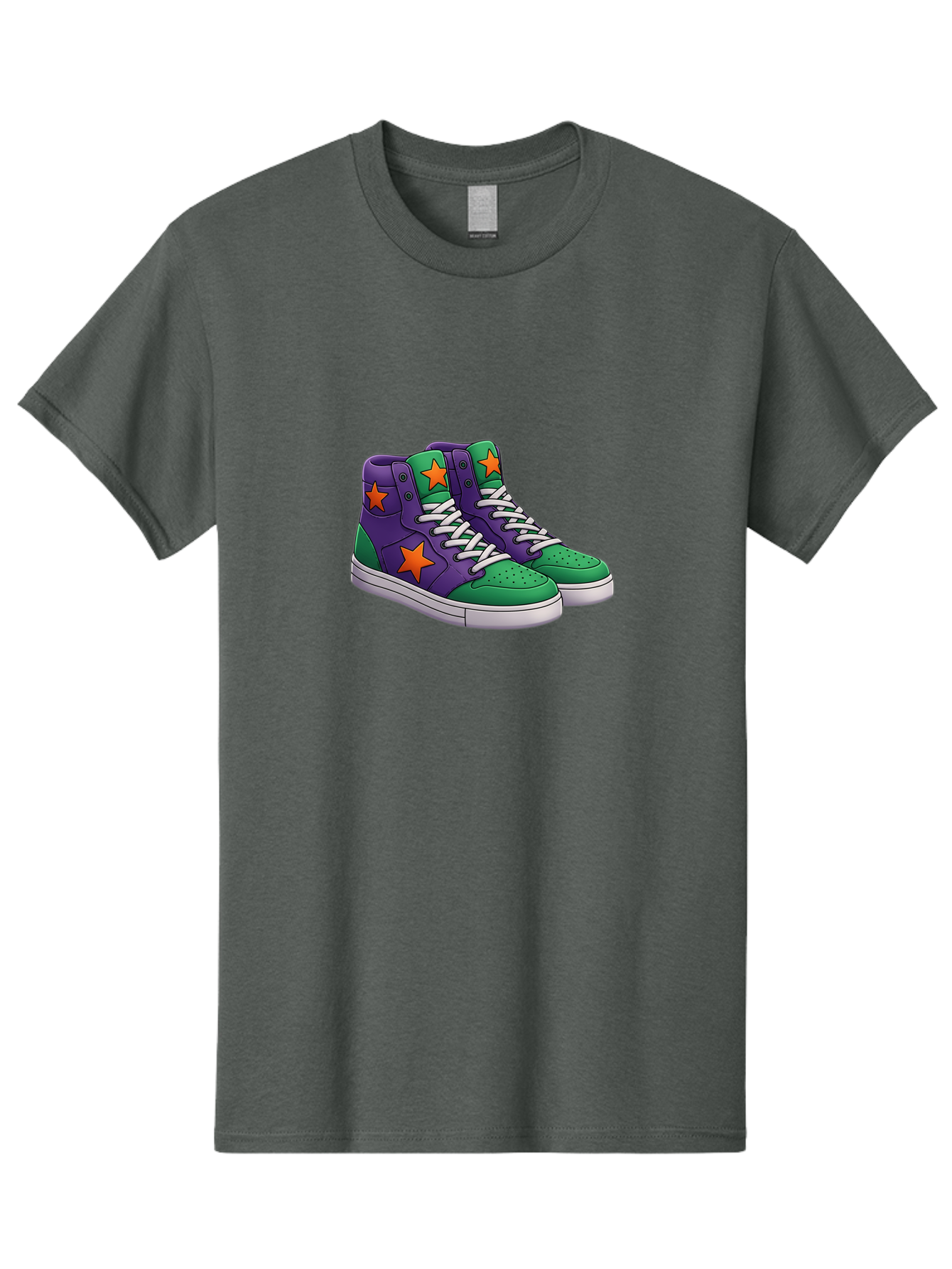Purple-Green-Sneakers Men'S Graphic Tee, 100% Cotton, Comfortable Casual Summer Wear, Machine Washable, High Top Sneakers, Purple And Green Colorblock, Orange Star Design, White Laces, Fashion Sneakers, Streetwear Style, Bab263