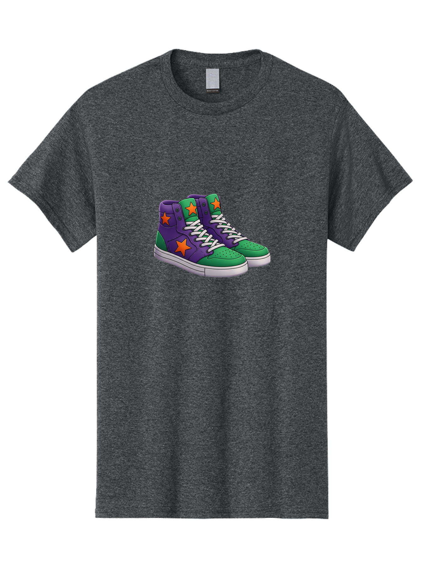 Purple-Green-Sneakers Men'S Graphic Tee, 100% Cotton, Comfortable Casual Summer Wear, Machine Washable, High Top Sneakers, Purple And Green Colorblock, Orange Star Design, White Laces, Fashion Sneakers, Streetwear Style, Bab263