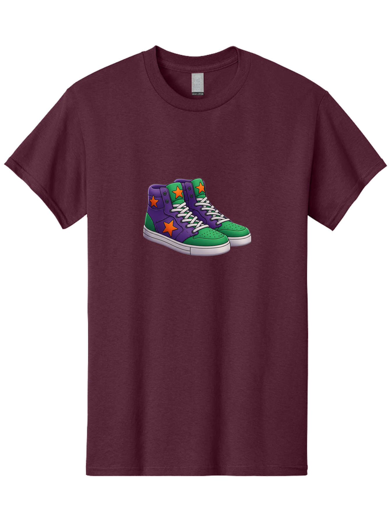 Purple-Green-Sneakers Men'S Graphic Tee, 100% Cotton, Comfortable Casual Summer Wear, Machine Washable, High Top Sneakers, Purple And Green Colorblock, Orange Star Design, White Laces, Fashion Sneakers, Streetwear Style, Bab263