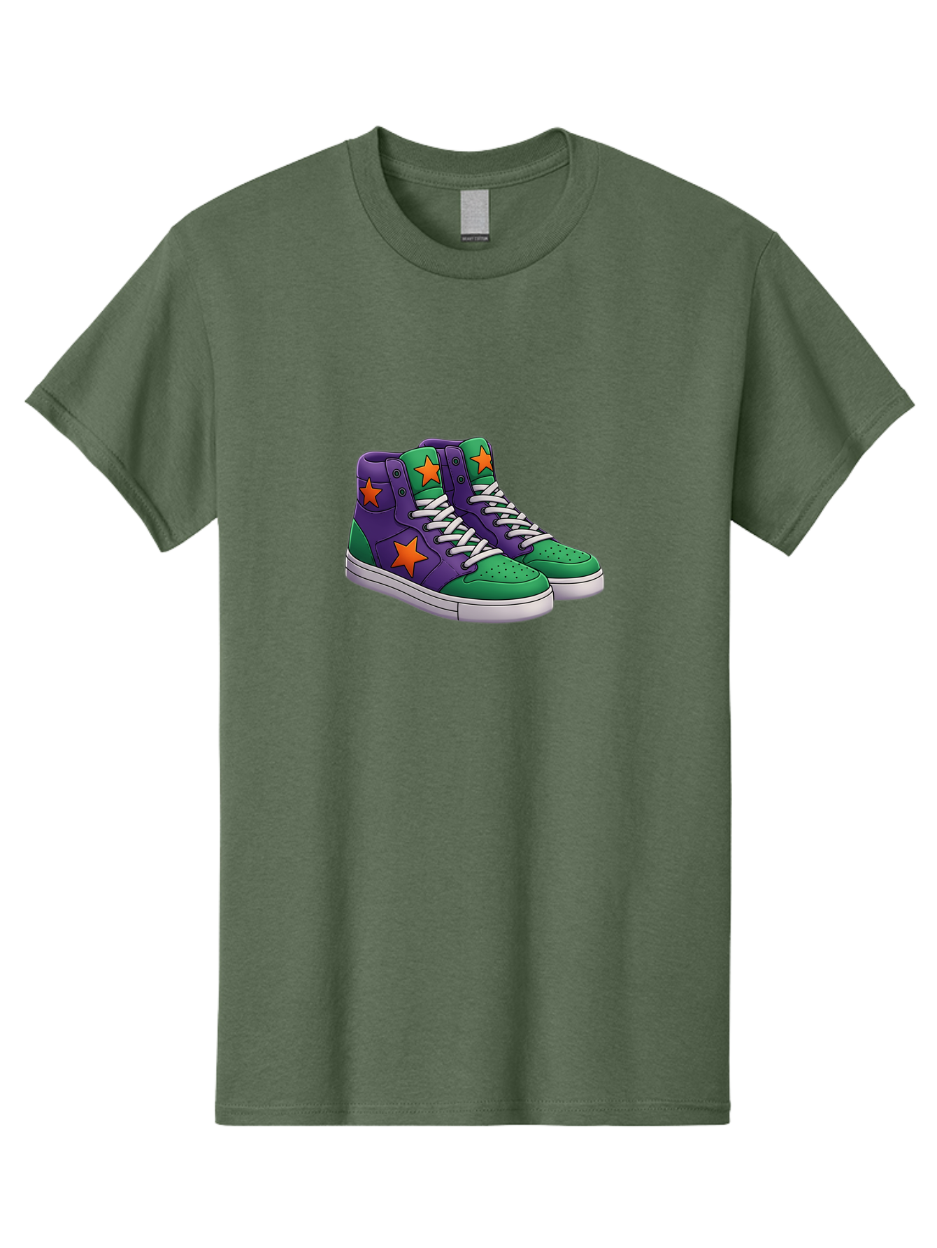 Purple-Green-Sneakers Men'S Graphic Tee, 100% Cotton, Comfortable Casual Summer Wear, Machine Washable, High Top Sneakers, Purple And Green Colorblock, Orange Star Design, White Laces, Fashion Sneakers, Streetwear Style, Bab263