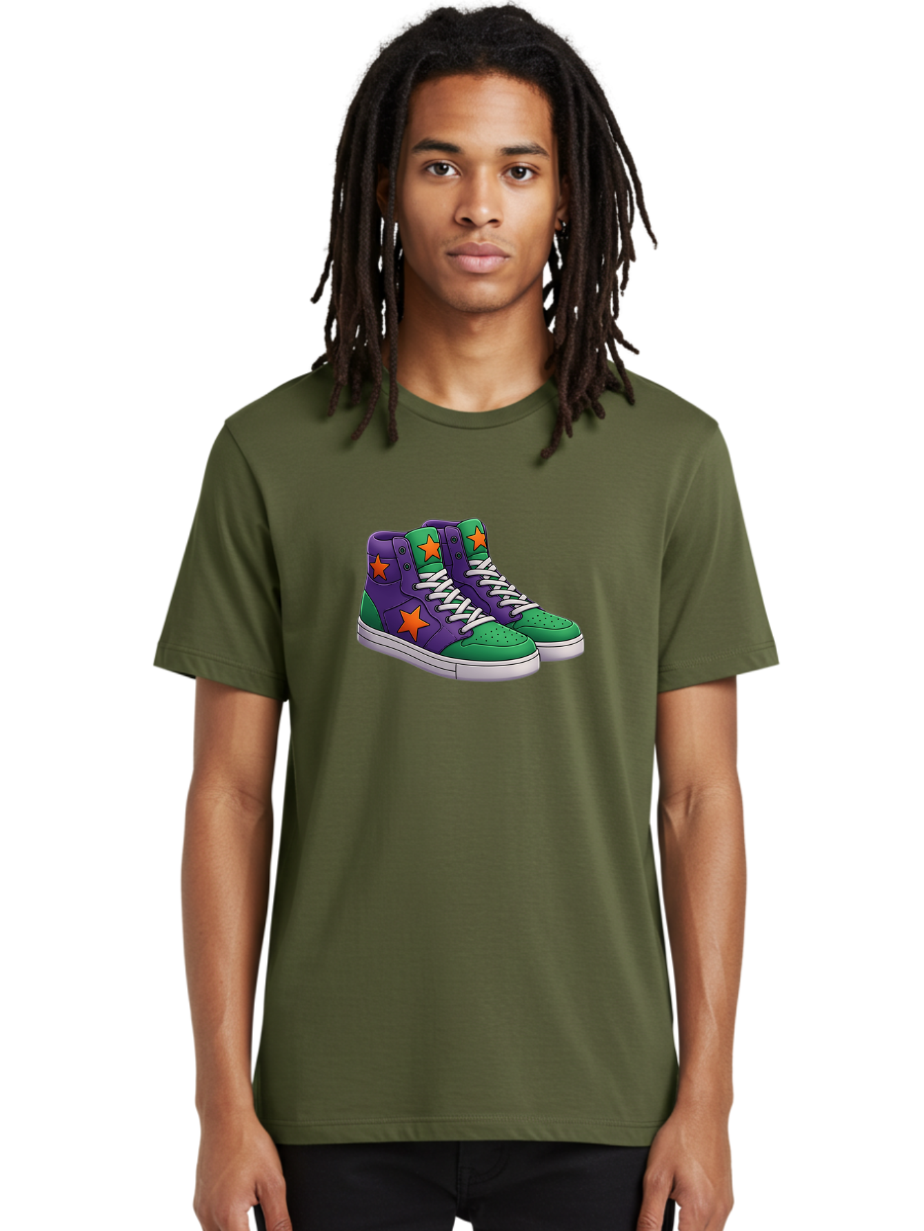 Purple-Green-Sneakers Men'S Graphic Tee, 100% Cotton, Comfortable Casual Summer Wear, Machine Washable, High Top Sneakers, Purple And Green Colorblock, Orange Star Design, White Laces, Fashion Sneakers, Streetwear Style, Bab263