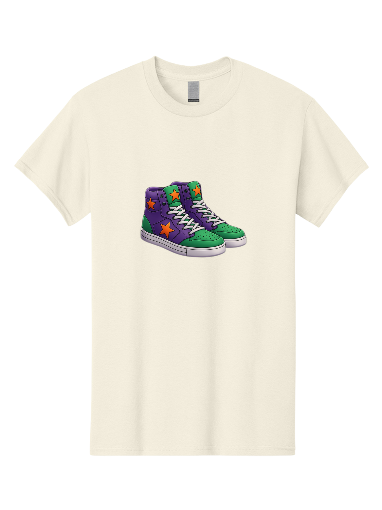 Purple-Green-Sneakers Men'S Graphic Tee, 100% Cotton, Comfortable Casual Summer Wear, Machine Washable, High Top Sneakers, Purple And Green Colorblock, Orange Star Design, White Laces, Fashion Sneakers, Streetwear Style, Bab263