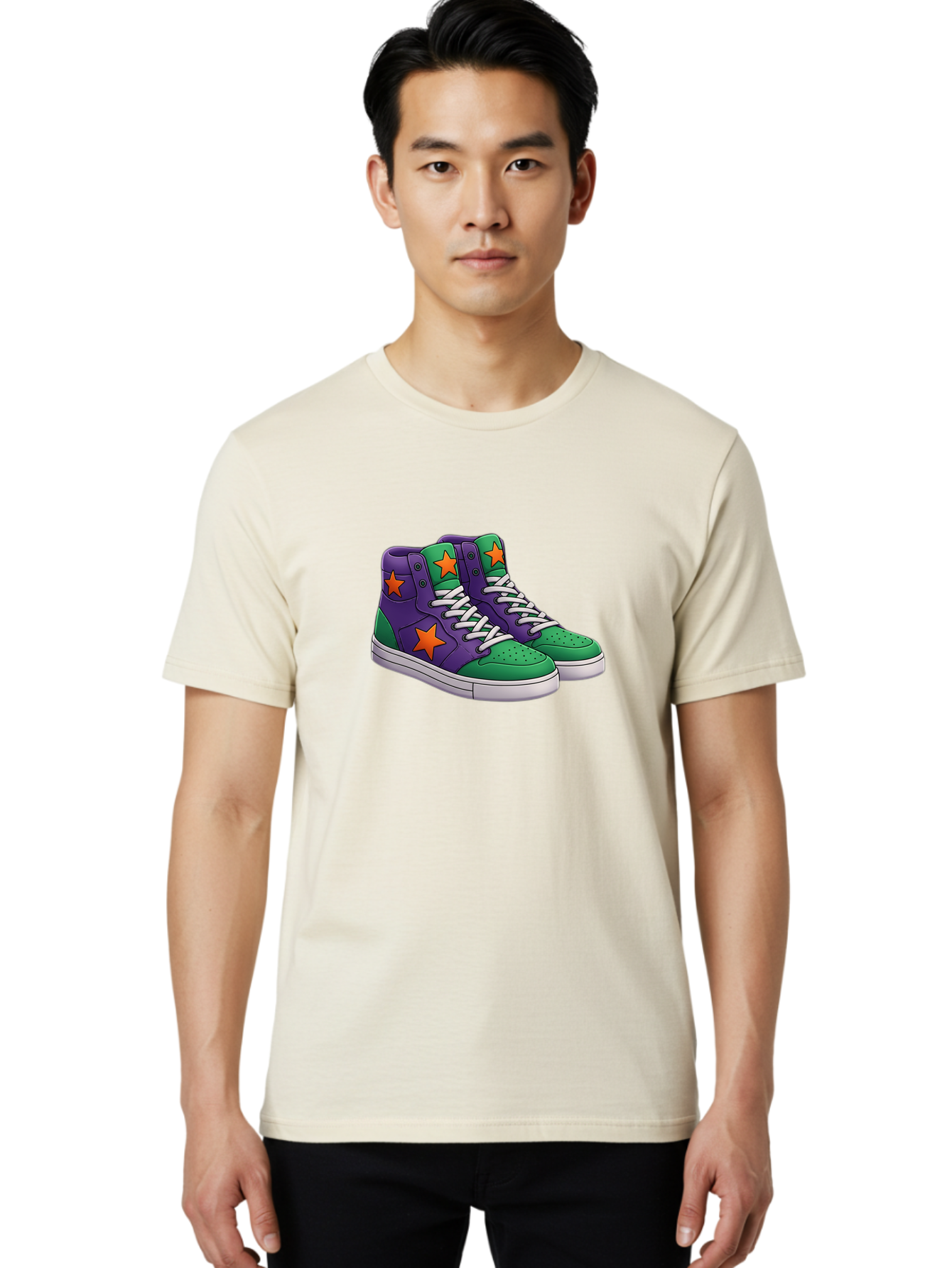 Purple-Green-Sneakers Men'S Graphic Tee, 100% Cotton, Comfortable Casual Summer Wear, Machine Washable, High Top Sneakers, Purple And Green Colorblock, Orange Star Design, White Laces, Fashion Sneakers, Streetwear Style, Bab263