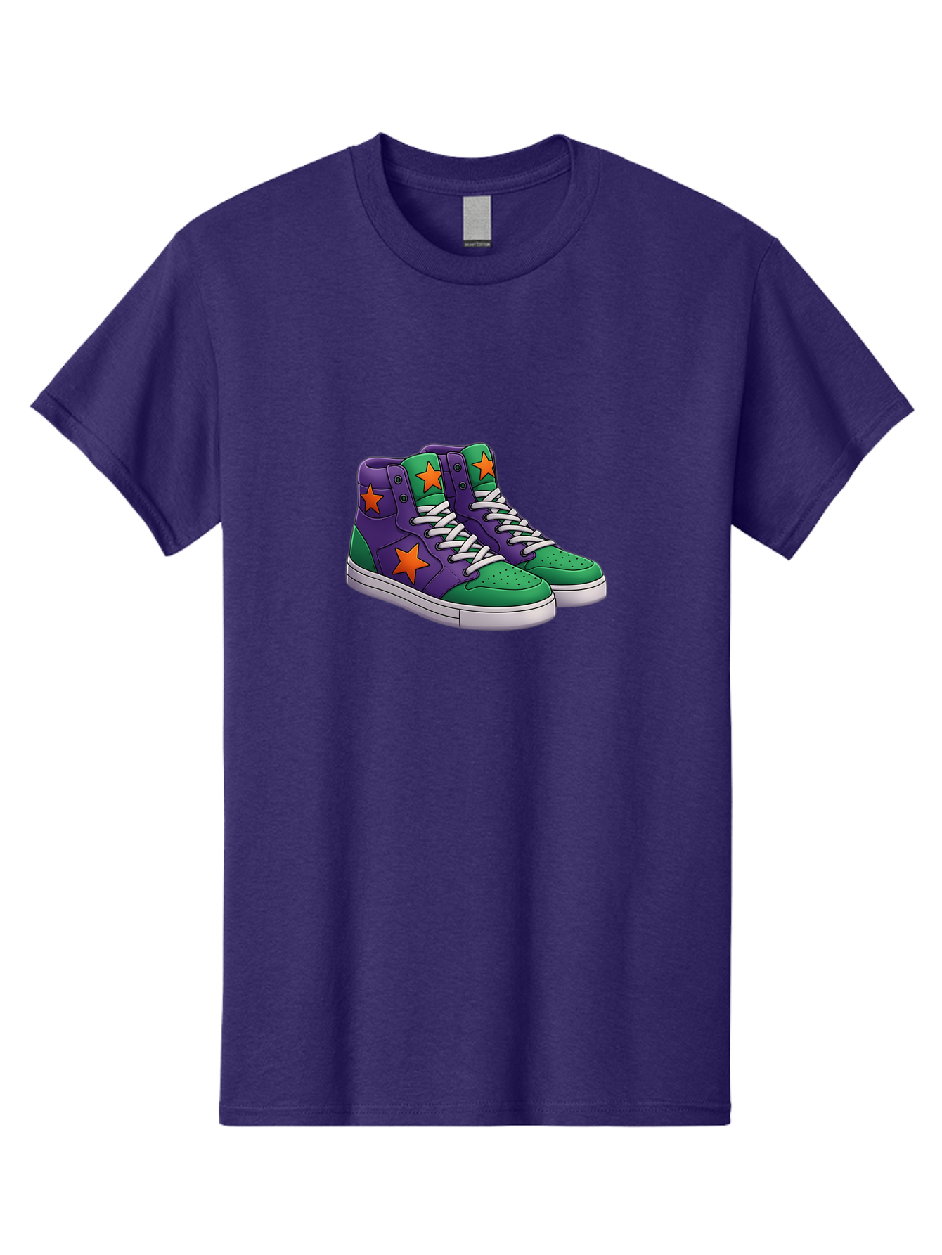 Purple-Green-Sneakers Men'S Graphic Tee, 100% Cotton, Comfortable Casual Summer Wear, Machine Washable, High Top Sneakers, Purple And Green Colorblock, Orange Star Design, White Laces, Fashion Sneakers, Streetwear Style, Bab263