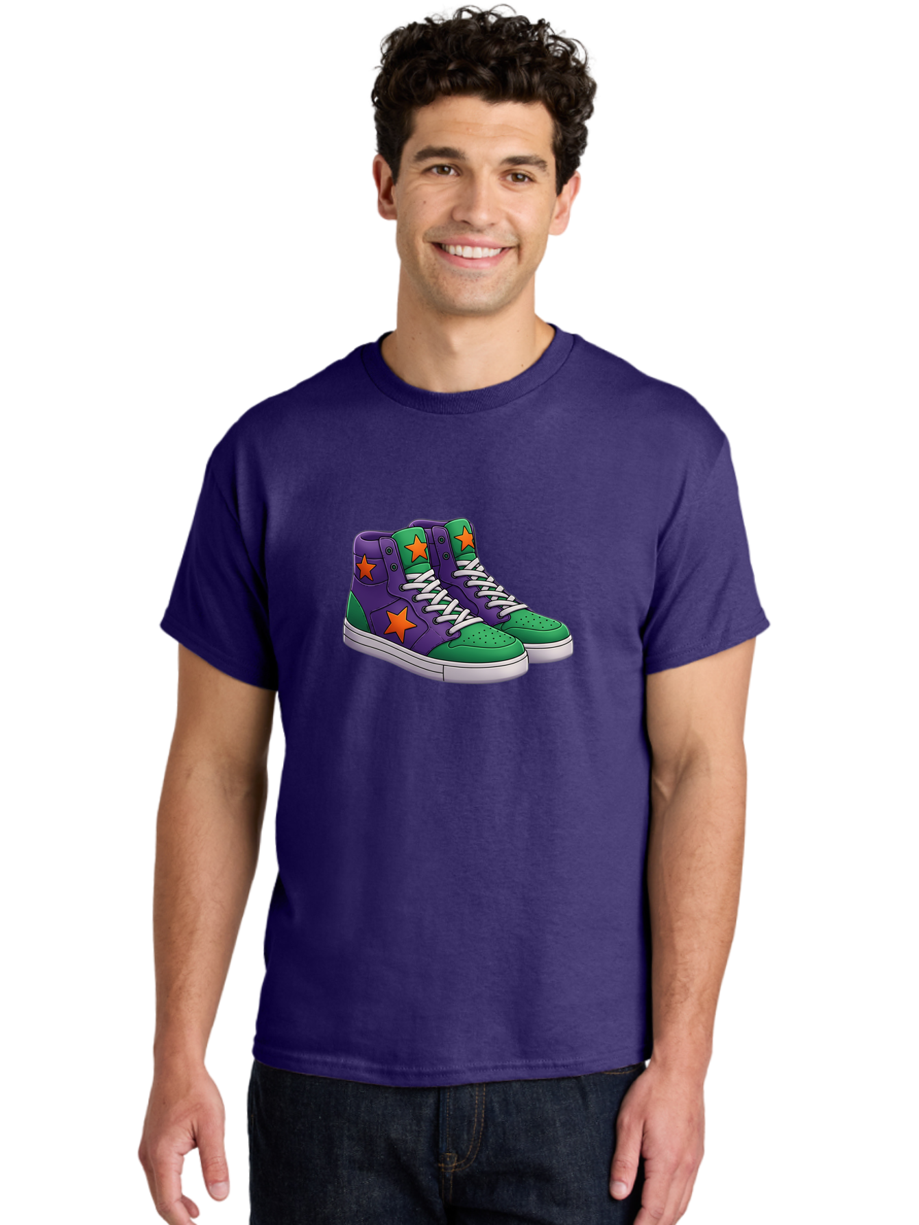 Purple-Green-Sneakers Men'S Graphic Tee, 100% Cotton, Comfortable Casual Summer Wear, Machine Washable, High Top Sneakers, Purple And Green Colorblock, Orange Star Design, White Laces, Fashion Sneakers, Streetwear Style, Bab263
