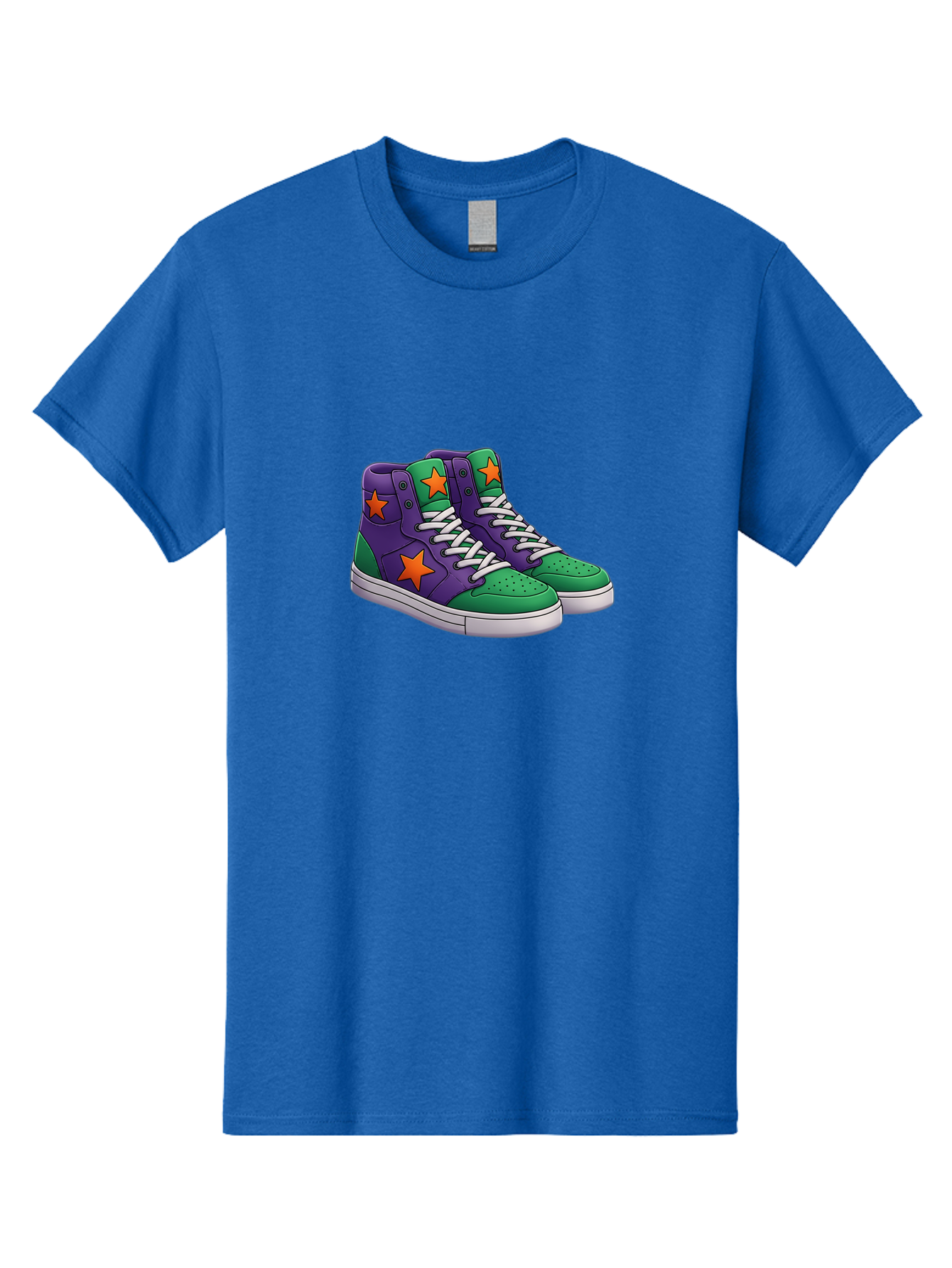 Purple-Green-Sneakers Men'S Graphic Tee, 100% Cotton, Comfortable Casual Summer Wear, Machine Washable, High Top Sneakers, Purple And Green Colorblock, Orange Star Design, White Laces, Fashion Sneakers, Streetwear Style, Bab263