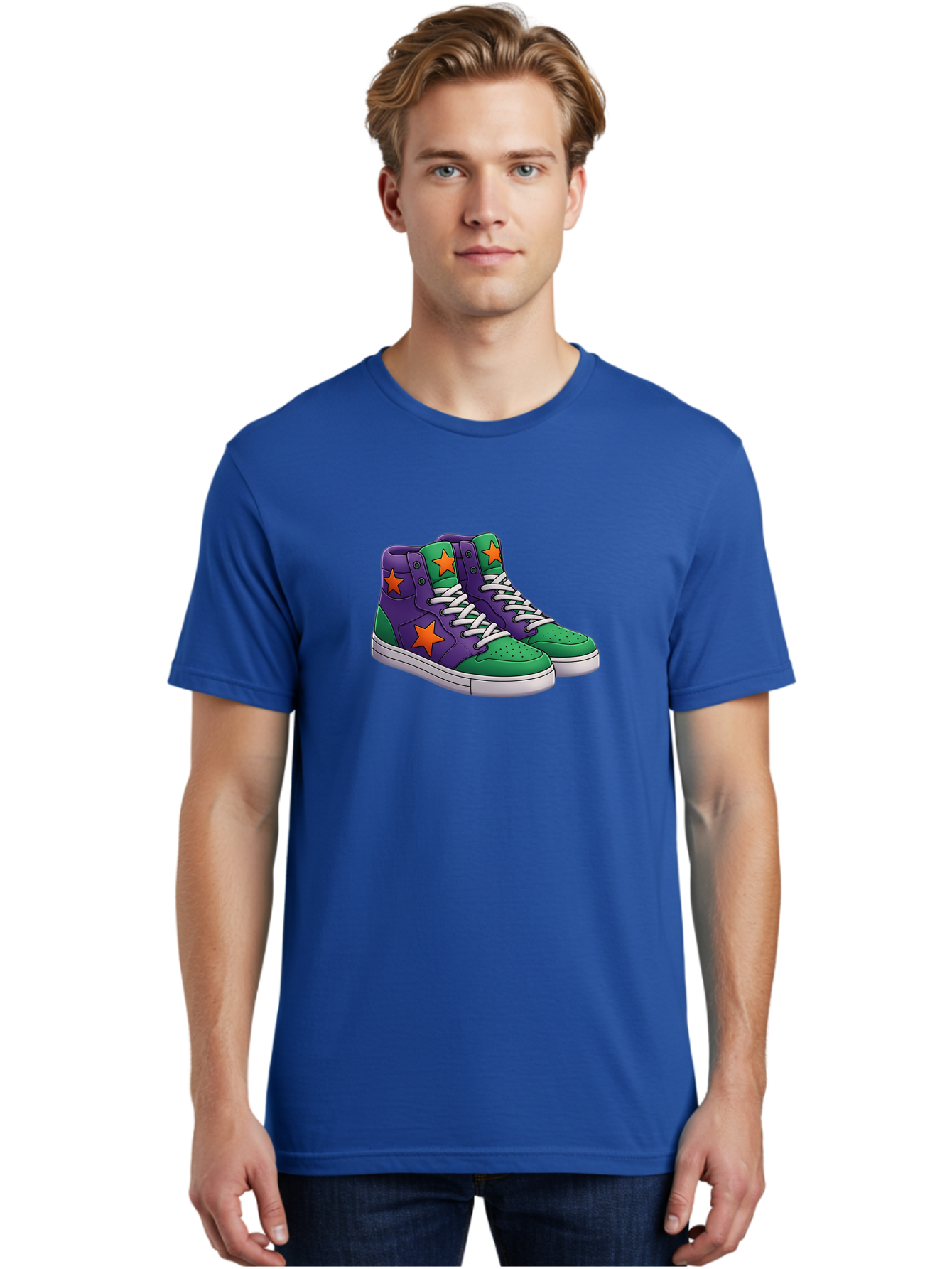 Purple-Green-Sneakers Men'S Graphic Tee, 100% Cotton, Comfortable Casual Summer Wear, Machine Washable, High Top Sneakers, Purple And Green Colorblock, Orange Star Design, White Laces, Fashion Sneakers, Streetwear Style, Bab263