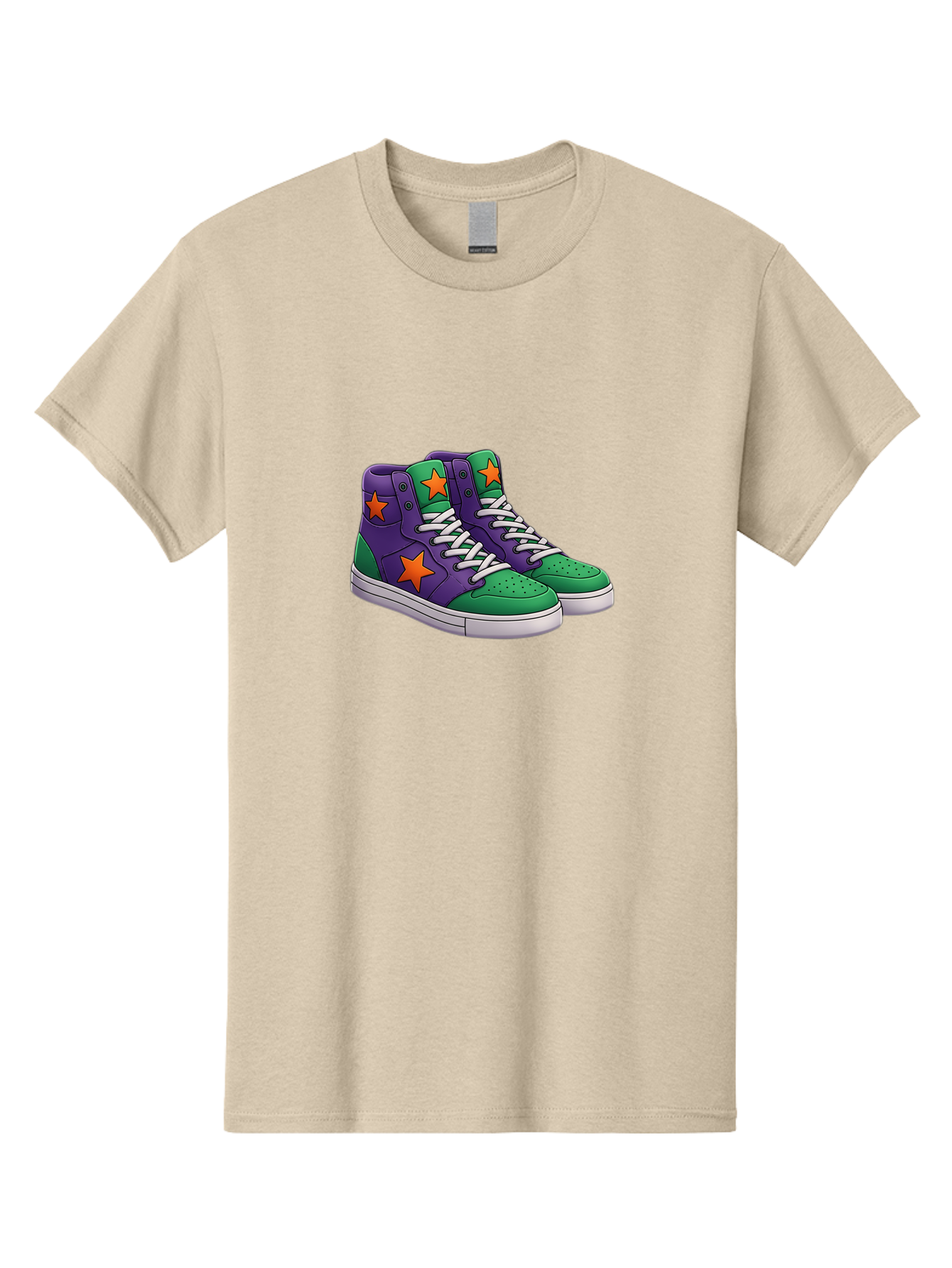Purple-Green-Sneakers Men'S Graphic Tee, 100% Cotton, Comfortable Casual Summer Wear, Machine Washable, High Top Sneakers, Purple And Green Colorblock, Orange Star Design, White Laces, Fashion Sneakers, Streetwear Style, Bab263