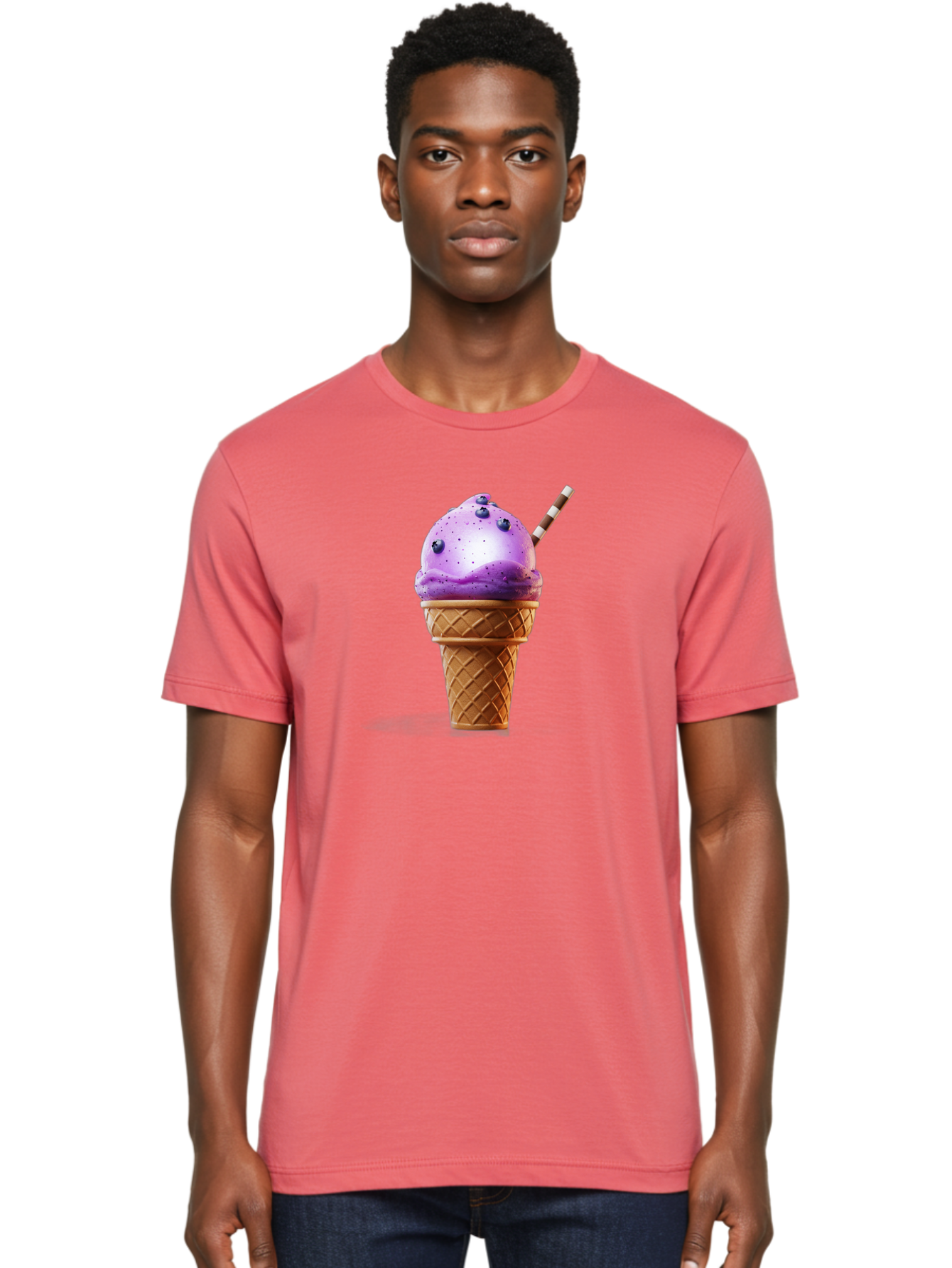 Purple-Ice-Cream-Cone Men'S Graphic Tee, 100% Cotton, Comfortable Casual Summer Wear, Machine Washable, Purple Ice Cream, Waffle Cone, Blueberry Topping, Striped Straw, Sweet Treat, Dessert, Cold Dessert, Creamy Texture, Frozen Yogurt Bab264