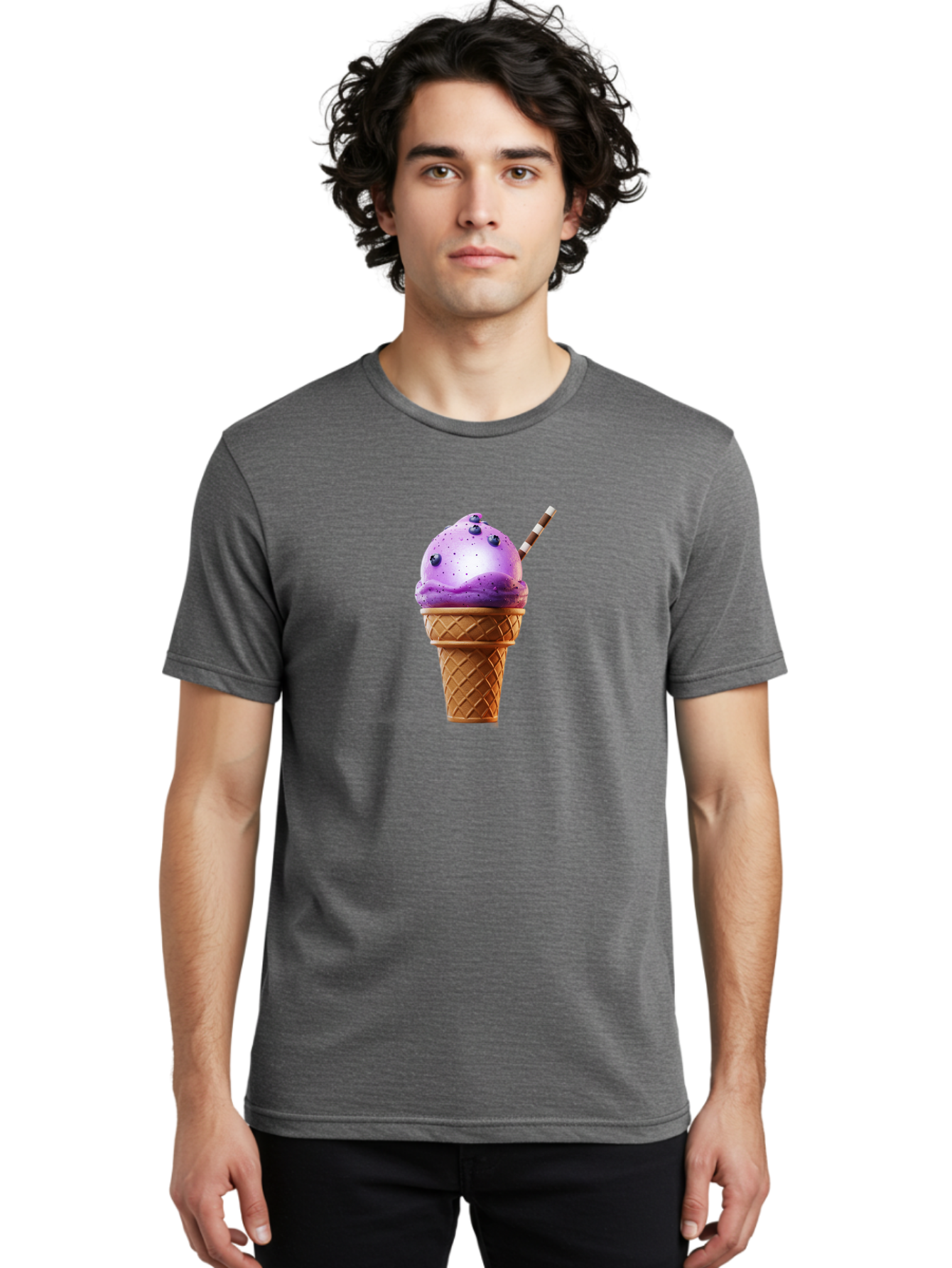 Purple-Ice-Cream-Cone Men'S Graphic Tee, 100% Cotton, Comfortable Casual Summer Wear, Machine Washable, Purple Ice Cream, Waffle Cone, Blueberry Topping, Striped Straw, Sweet Treat, Dessert, Cold Dessert, Creamy Texture, Frozen Yogurt Bab264