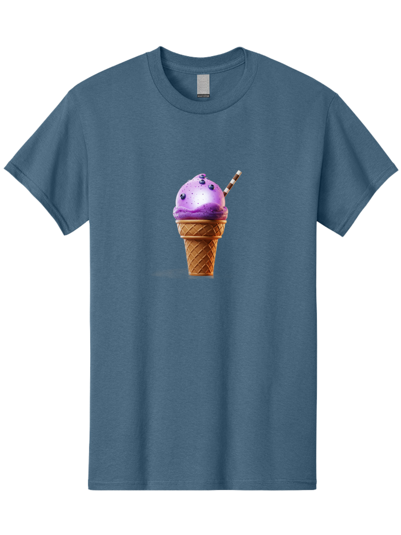 Purple-Ice-Cream-Cone Men'S Graphic Tee, 100% Cotton, Comfortable Casual Summer Wear, Machine Washable, Purple Ice Cream, Waffle Cone, Blueberry Topping, Striped Straw, Sweet Treat, Dessert, Cold Dessert, Creamy Texture, Frozen Yogurt Bab264
