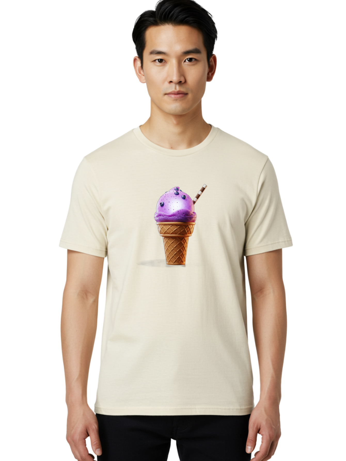 Purple-Ice-Cream-Cone Men'S Graphic Tee, 100% Cotton, Comfortable Casual Summer Wear, Machine Washable, Purple Ice Cream, Waffle Cone, Blueberry Topping, Striped Straw, Sweet Treat, Dessert, Cold Dessert, Creamy Texture, Frozen Yogurt Bab264