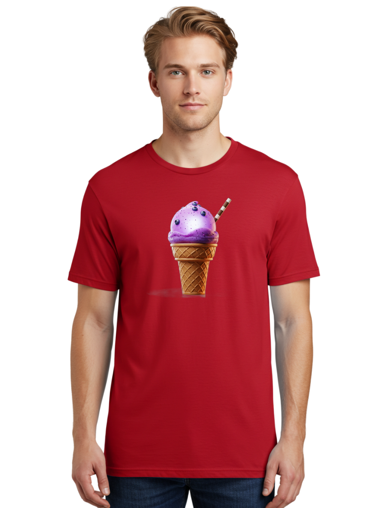 Purple-Ice-Cream-Cone Men'S Graphic Tee, 100% Cotton, Comfortable Casual Summer Wear, Machine Washable, Purple Ice Cream, Waffle Cone, Blueberry Topping, Striped Straw, Sweet Treat, Dessert, Cold Dessert, Creamy Texture, Frozen Yogurt Bab264