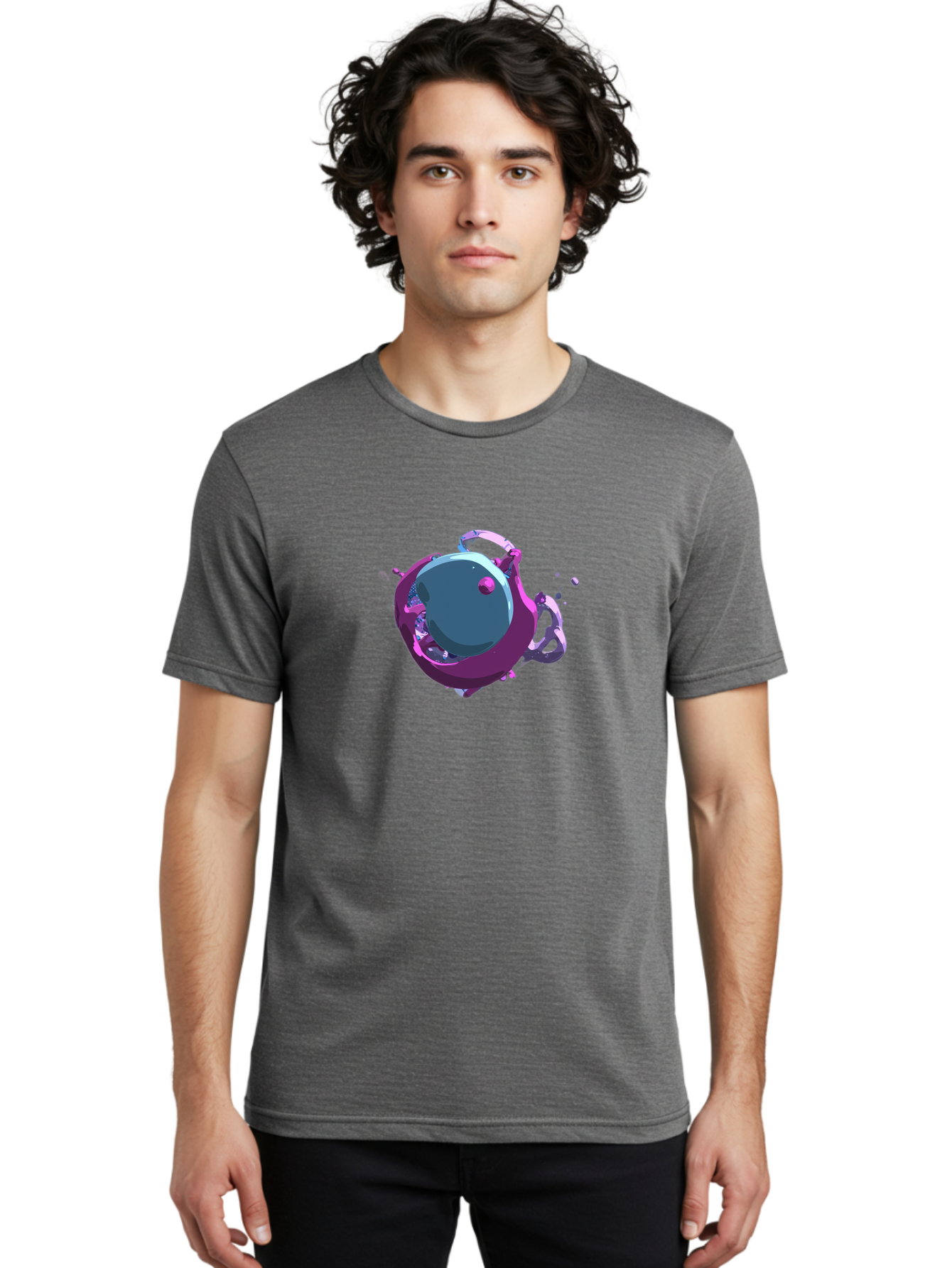 Purple-Liquid-Sphere Men'S Graphic Tee, 100% Cotton, Comfortable Casual Summer Wear, Machine Washable, Molten Sphere, 3D Rendering, Purple Color Scheme, Abstract Art, Liquid Metal, Futuristic Design, Digital Artwork, Modern Graphics Bab266