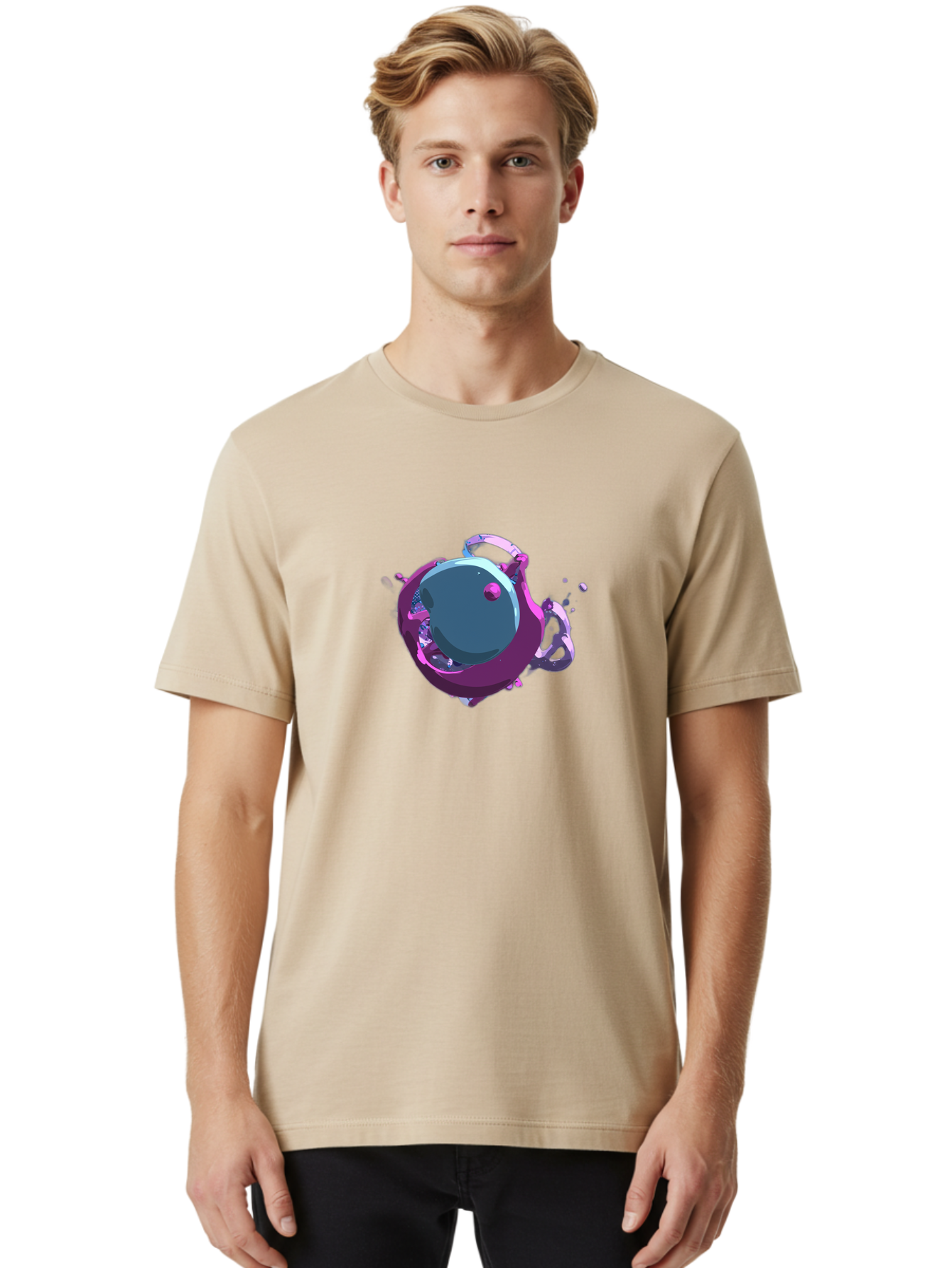 Purple-Liquid-Sphere Men'S Graphic Tee, 100% Cotton, Comfortable Casual Summer Wear, Machine Washable, Molten Sphere, 3D Rendering, Purple Color Scheme, Abstract Art, Liquid Metal, Futuristic Design, Digital Artwork, Modern Graphics Bab266