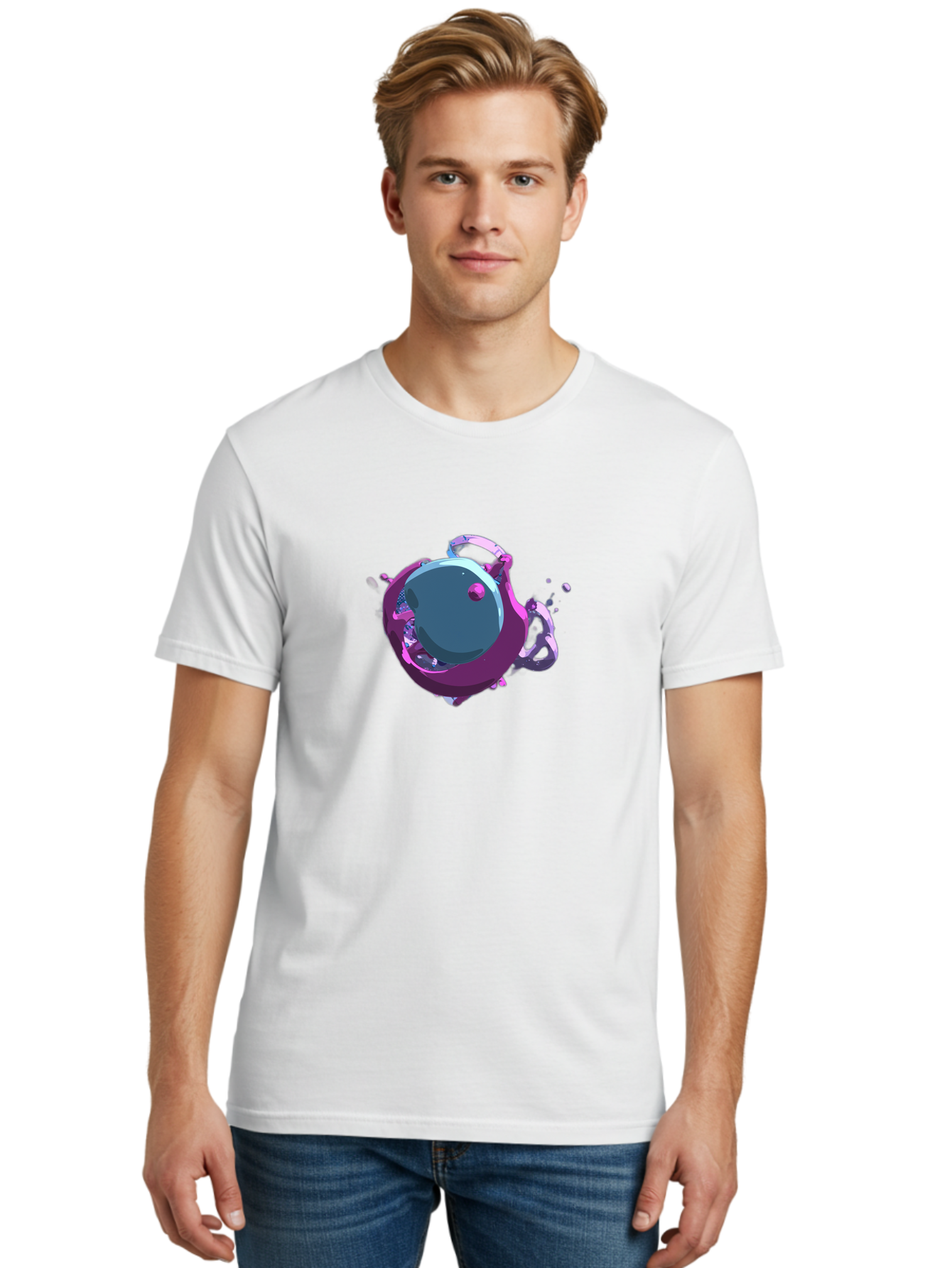 Purple-Liquid-Sphere Men'S Graphic Tee, 100% Cotton, Comfortable Casual Summer Wear, Machine Washable, Molten Sphere, 3D Rendering, Purple Color Scheme, Abstract Art, Liquid Metal, Futuristic Design, Digital Artwork, Modern Graphics Bab266