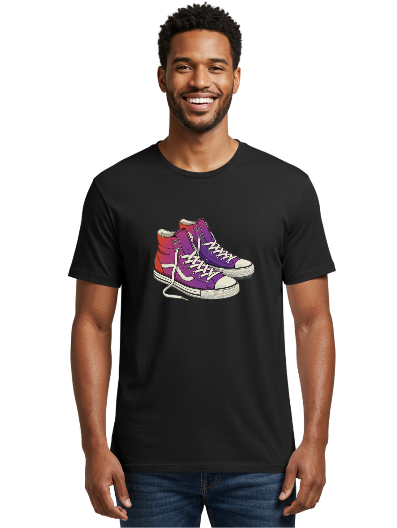 Purple-Sneakers Men'S Graphic Tee, 100% Cotton, Comfortable Casual Summer Wear, Machine Washable, Purple Sneakers, High-Top Shoes, White Laces, Canvas Sneakers, Fashion Footwear, Ombre Effect, Red To Purple Gradient Bab267