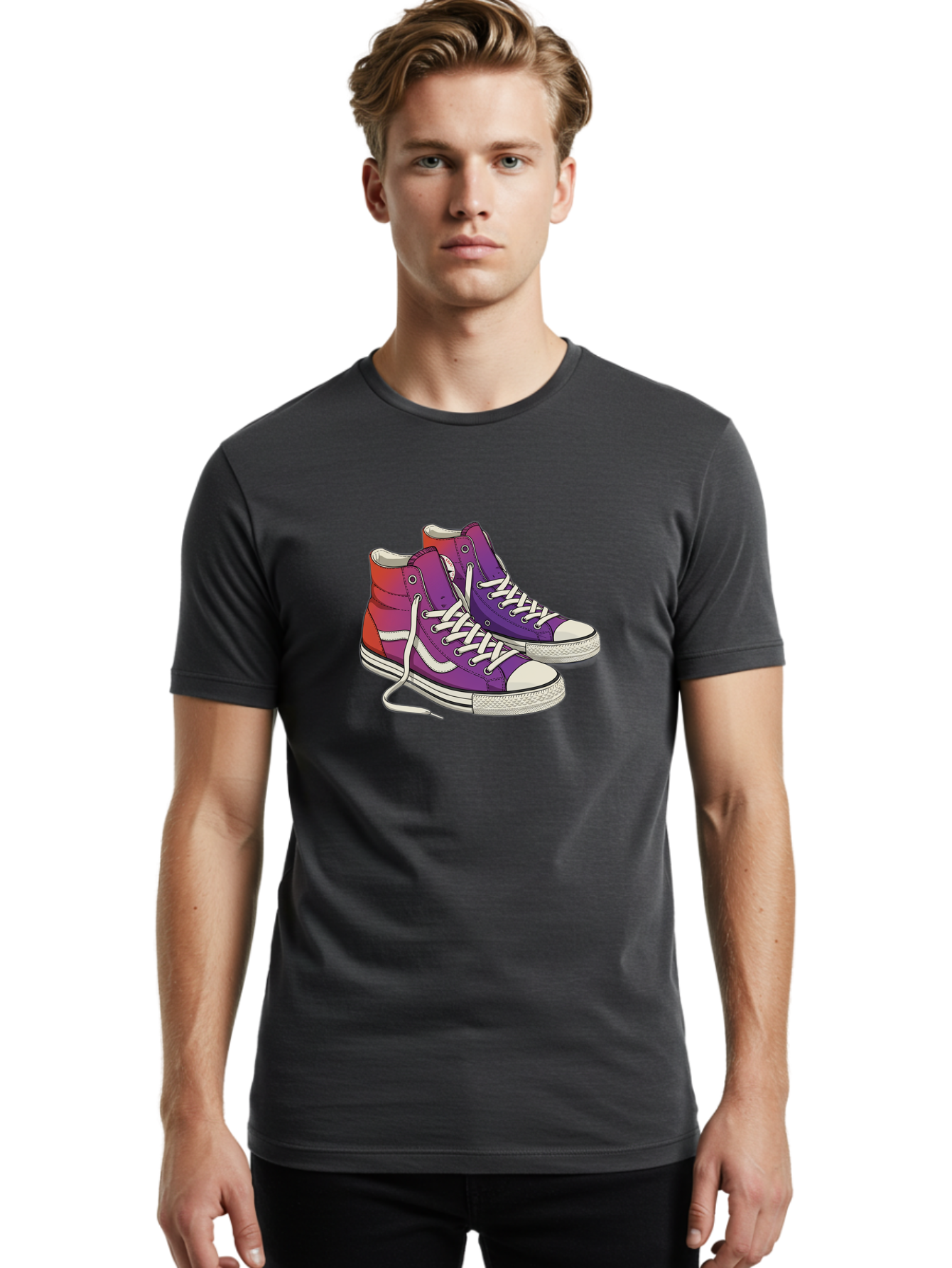 Purple-Sneakers Men'S Graphic Tee, 100% Cotton, Comfortable Casual Summer Wear, Machine Washable, Purple Sneakers, High-Top Shoes, White Laces, Canvas Sneakers, Fashion Footwear, Ombre Effect, Red To Purple Gradient Bab267