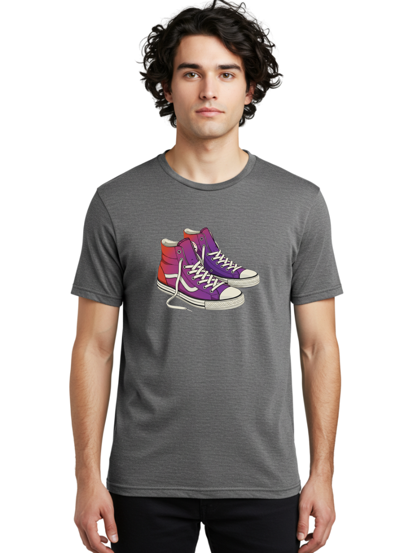Purple-Sneakers Men'S Graphic Tee, 100% Cotton, Comfortable Casual Summer Wear, Machine Washable, Purple Sneakers, High-Top Shoes, White Laces, Canvas Sneakers, Fashion Footwear, Ombre Effect, Red To Purple Gradient Bab267