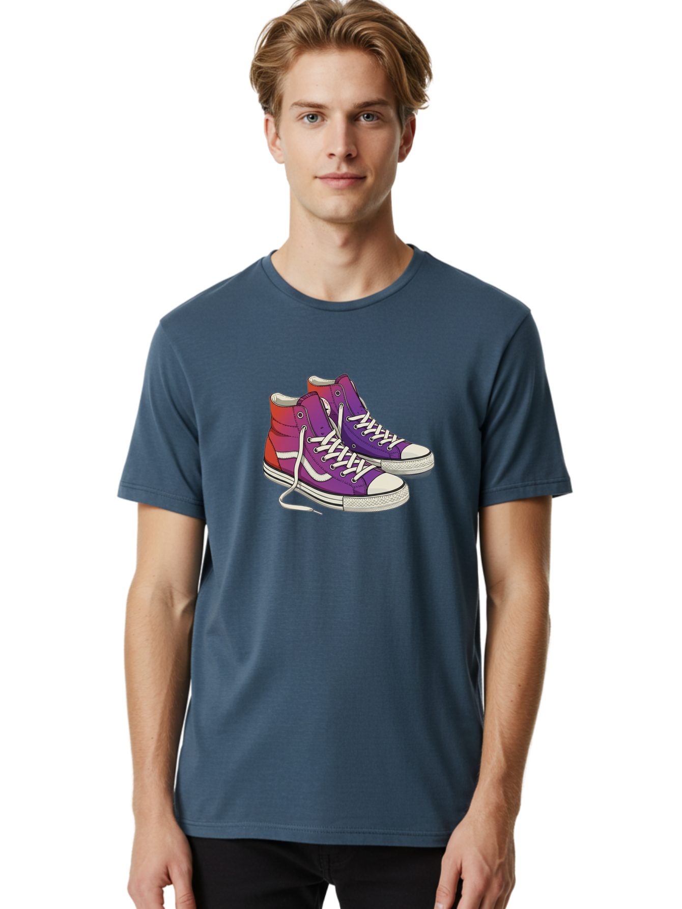Purple-Sneakers Men'S Graphic Tee, 100% Cotton, Comfortable Casual Summer Wear, Machine Washable, Purple Sneakers, High-Top Shoes, White Laces, Canvas Sneakers, Fashion Footwear, Ombre Effect, Red To Purple Gradient Bab267