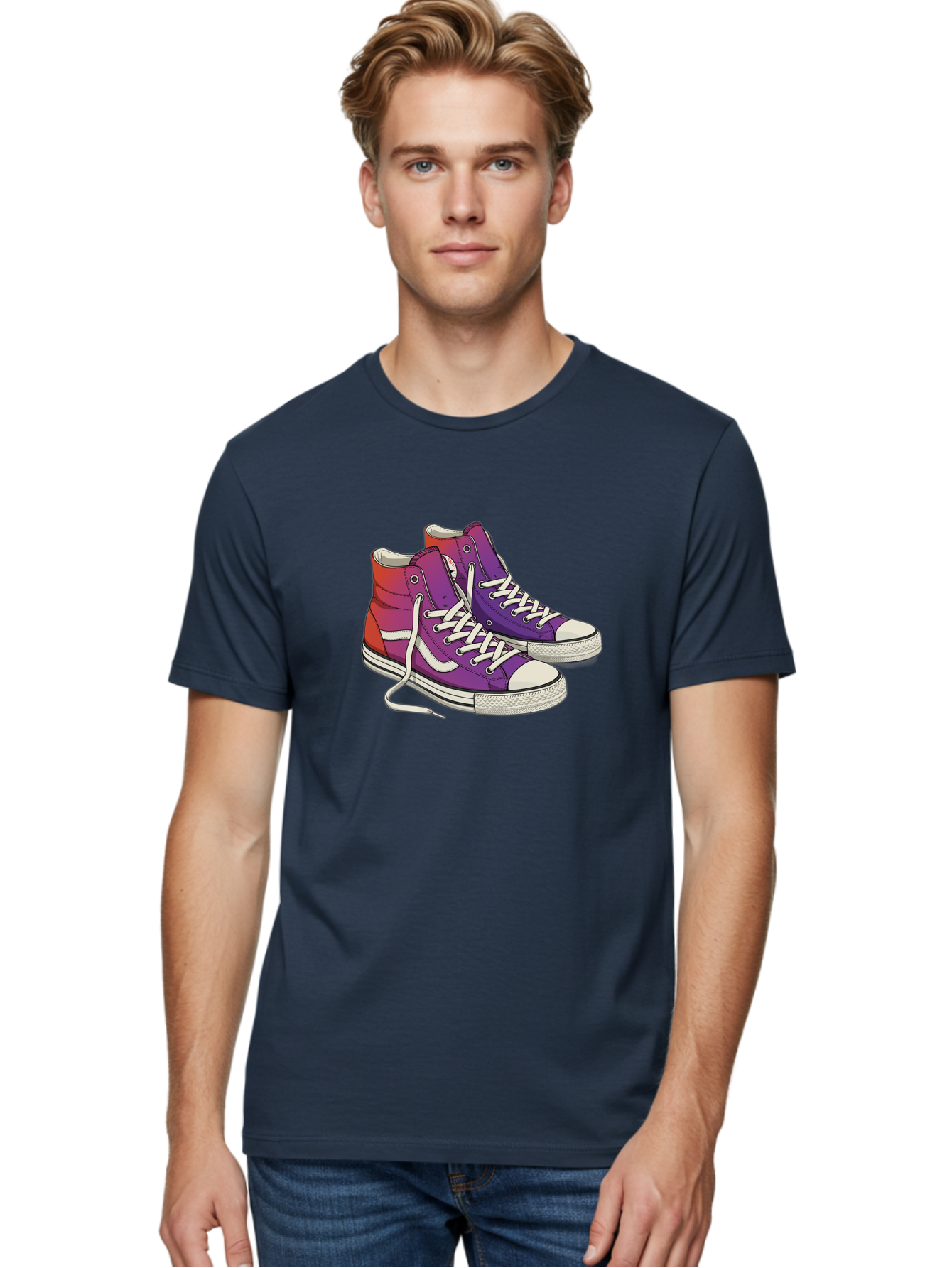 Purple-Sneakers Men'S Graphic Tee, 100% Cotton, Comfortable Casual Summer Wear, Machine Washable, Purple Sneakers, High-Top Shoes, White Laces, Canvas Sneakers, Fashion Footwear, Ombre Effect, Red To Purple Gradient Bab267