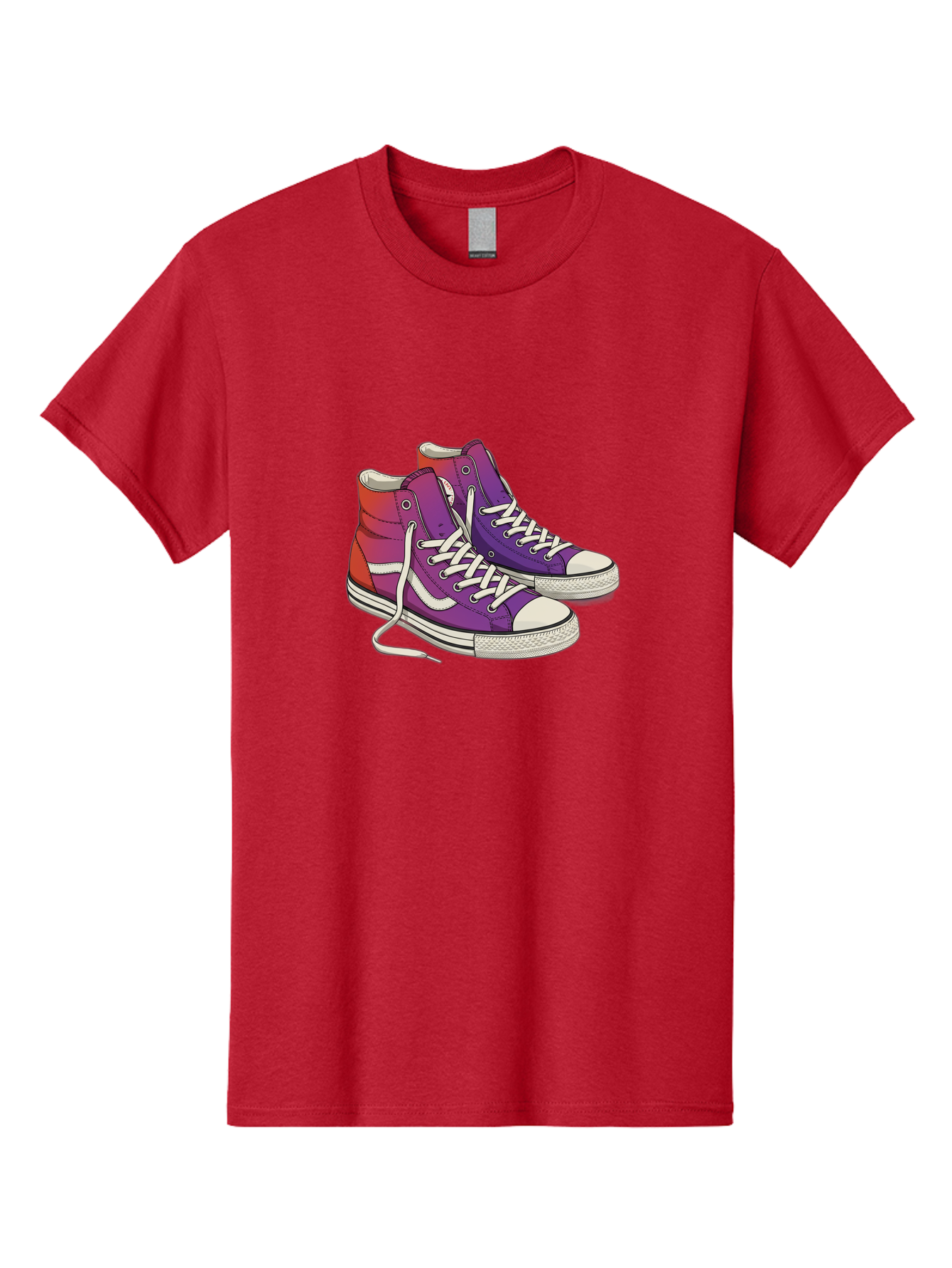Purple-Sneakers Men'S Graphic Tee, 100% Cotton, Comfortable Casual Summer Wear, Machine Washable, Purple Sneakers, High-Top Shoes, White Laces, Canvas Sneakers, Fashion Footwear, Ombre Effect, Red To Purple Gradient Bab267