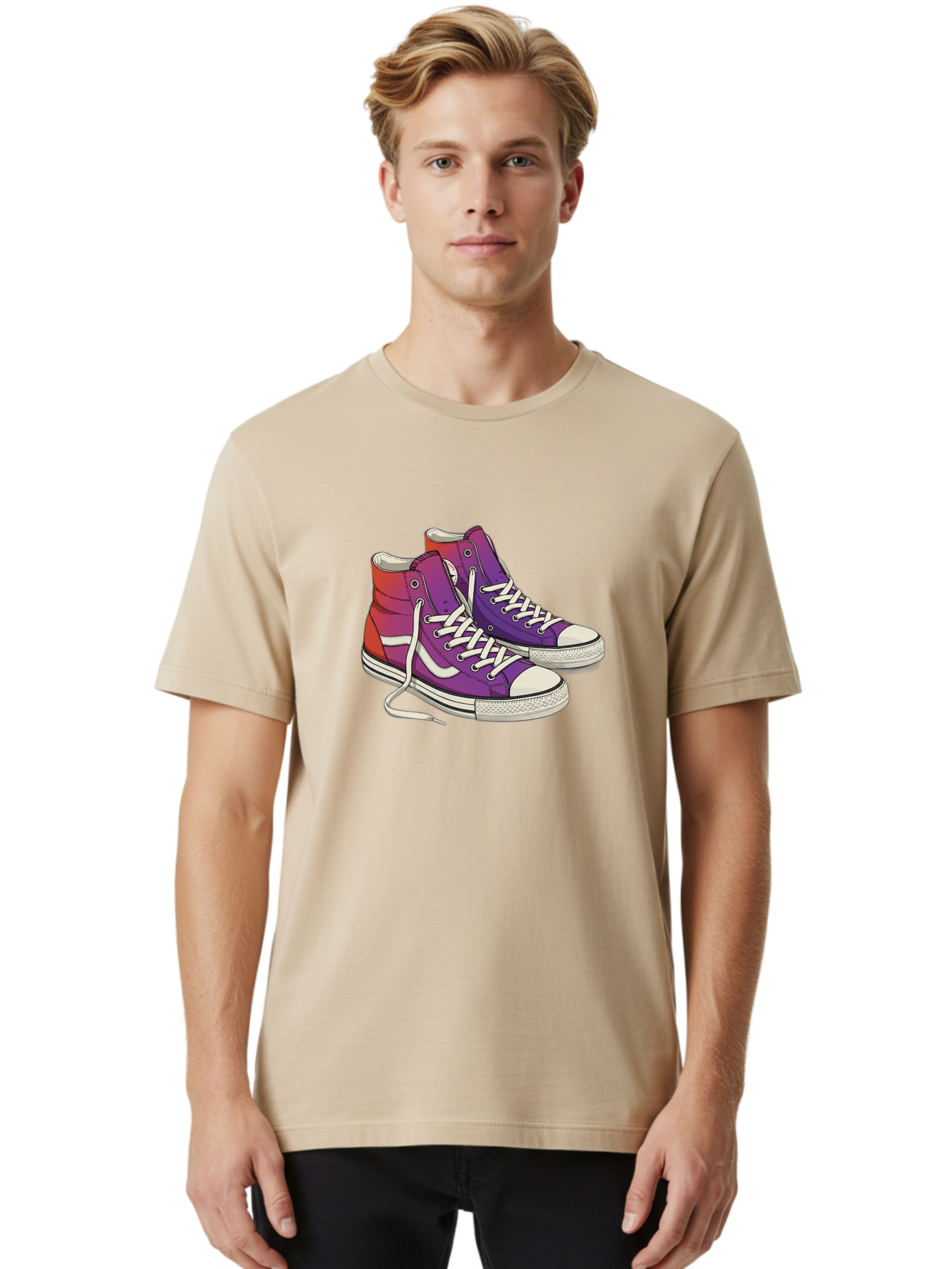 Purple-Sneakers Men'S Graphic Tee, 100% Cotton, Comfortable Casual Summer Wear, Machine Washable, Purple Sneakers, High-Top Shoes, White Laces, Canvas Sneakers, Fashion Footwear, Ombre Effect, Red To Purple Gradient Bab267