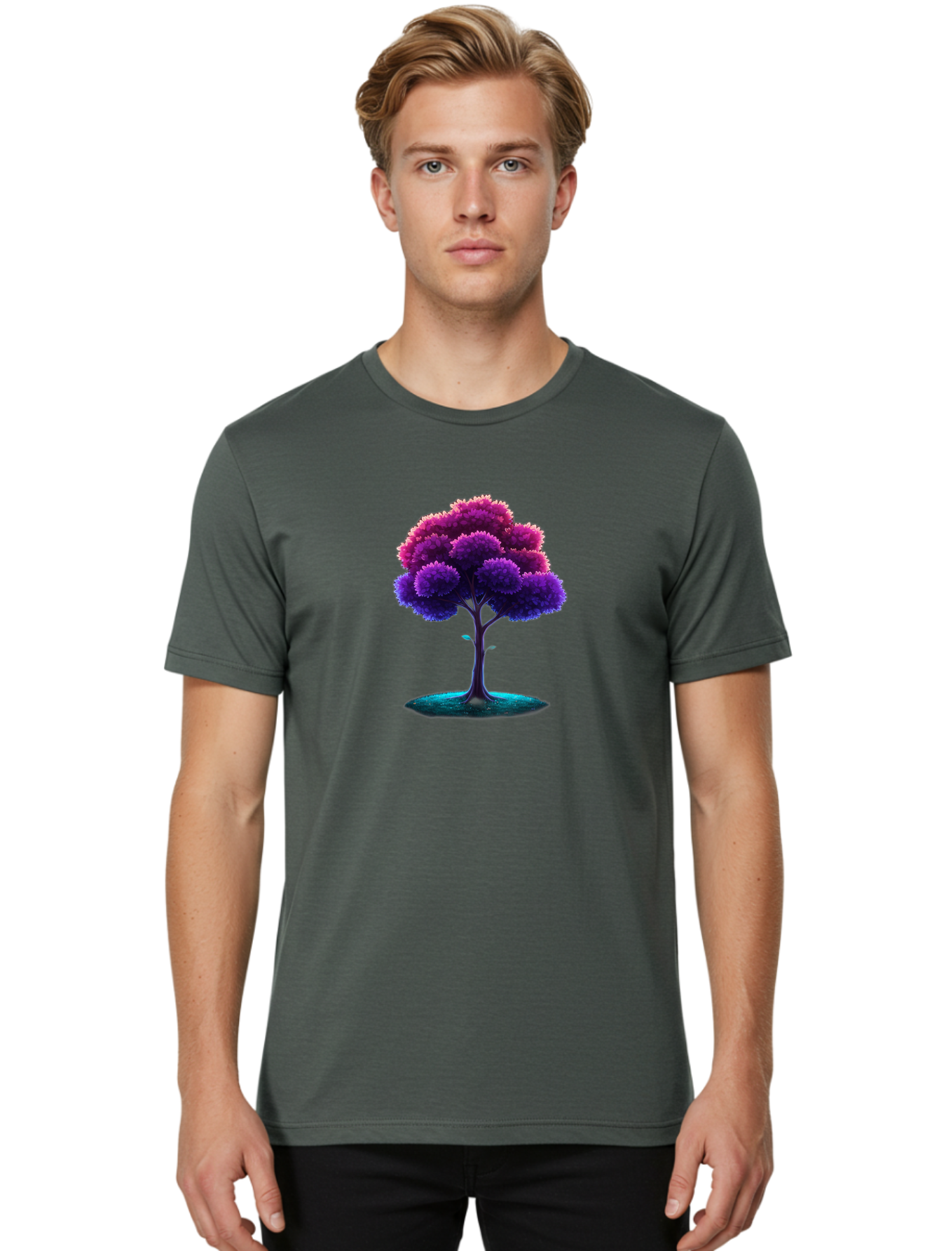 Purple-Tree Men'S Graphic Tee, 100% Cotton, Comfortable Casual Summer Wear, Machine Washable, Purple Tree, Colorful Tree, Vibrant Foliage, Digital Art, Fantasy Tree, Artistic Representation, Nature-Inspired Graphics, Gradient Colors, Bab268