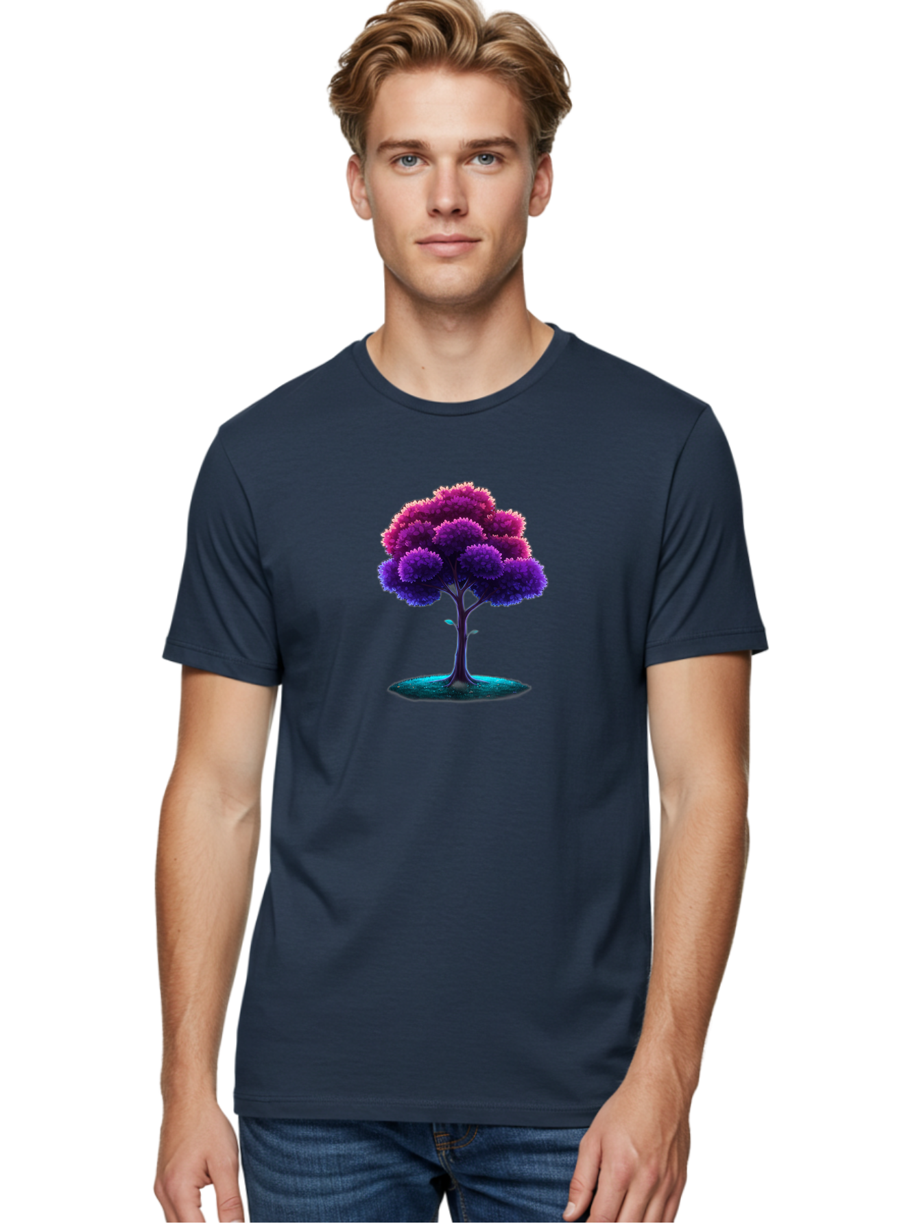 Purple-Tree Men'S Graphic Tee, 100% Cotton, Comfortable Casual Summer Wear, Machine Washable, Purple Tree, Colorful Tree, Vibrant Foliage, Digital Art, Fantasy Tree, Artistic Representation, Nature-Inspired Graphics, Gradient Colors, Bab268