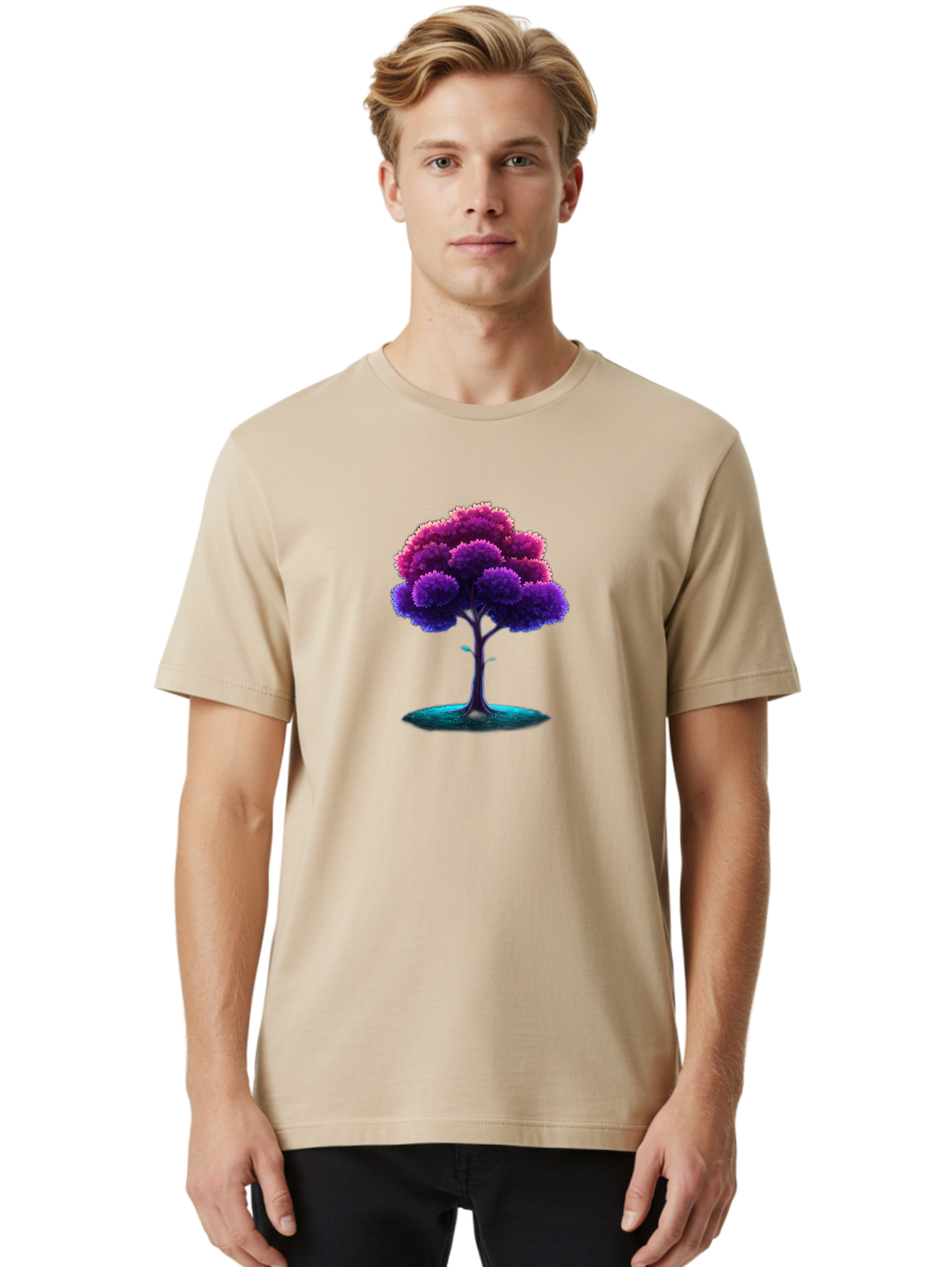 Purple-Tree Men'S Graphic Tee, 100% Cotton, Comfortable Casual Summer Wear, Machine Washable, Purple Tree, Colorful Tree, Vibrant Foliage, Digital Art, Fantasy Tree, Artistic Representation, Nature-Inspired Graphics, Gradient Colors, Bab268