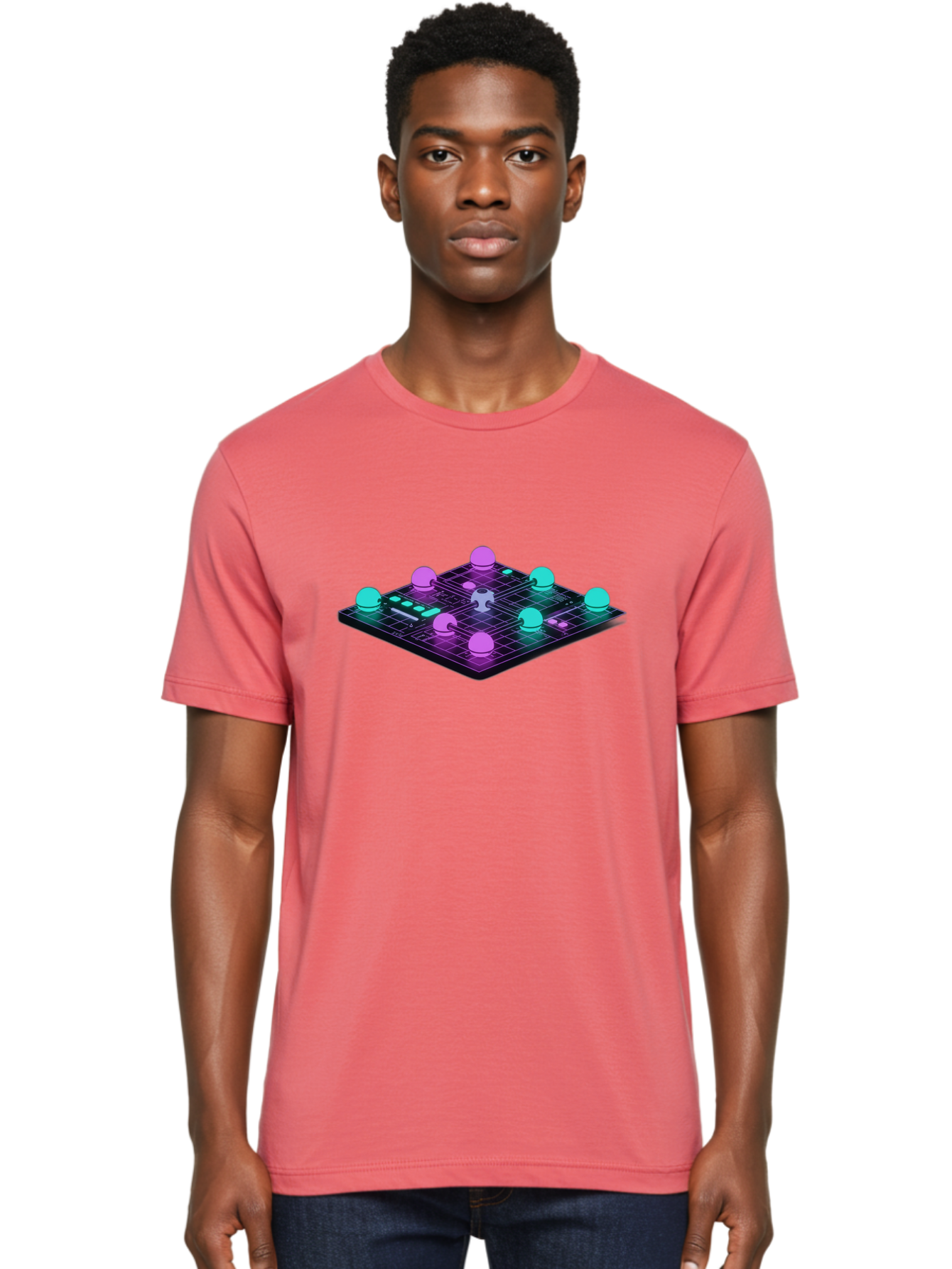 Puzzle-Grid Men'S Graphic Tee, 100% Cotton, Comfortable Casual Summer Wear, Machine Washable, Game Board, Strategy Game, Puzzle Pieces, Neon Lights, Grid Pattern, Futuristic Design, Interactive Gameplay, 3D Graphics Bab270