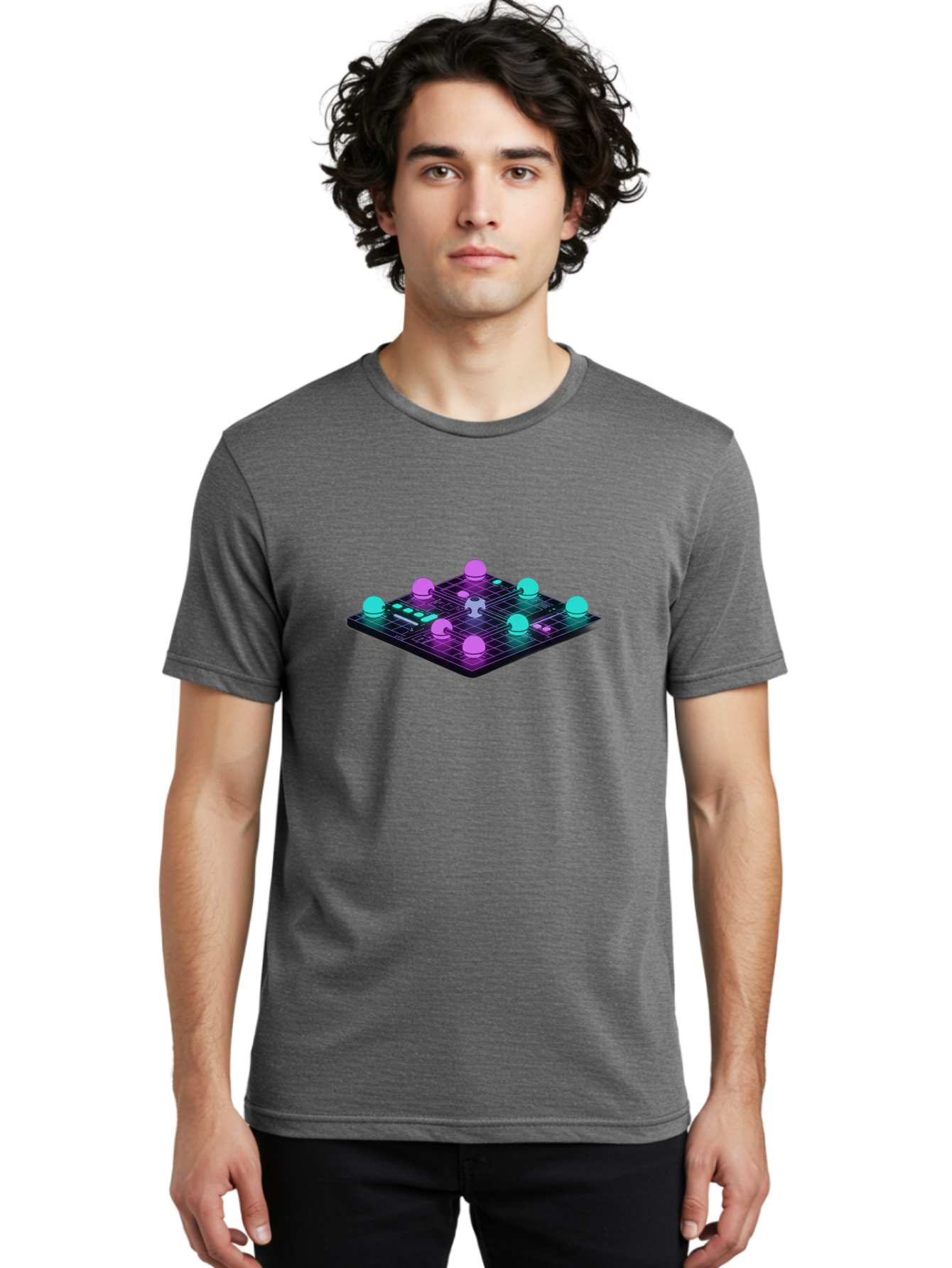 Puzzle-Grid Men'S Graphic Tee, 100% Cotton, Comfortable Casual Summer Wear, Machine Washable, Game Board, Strategy Game, Puzzle Pieces, Neon Lights, Grid Pattern, Futuristic Design, Interactive Gameplay, 3D Graphics Bab270