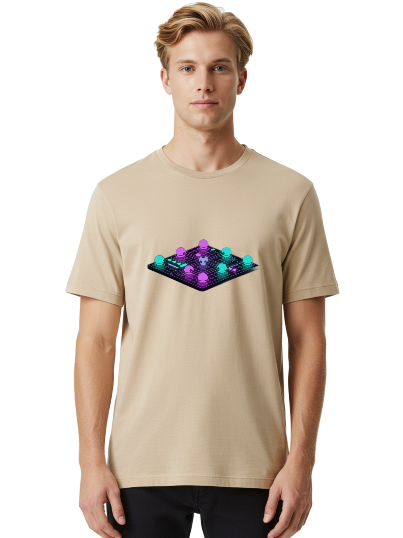 Puzzle-Grid Men'S Graphic Tee, 100% Cotton, Comfortable Casual Summer Wear, Machine Washable, Game Board, Strategy Game, Puzzle Pieces, Neon Lights, Grid Pattern, Futuristic Design, Interactive Gameplay, 3D Graphics Bab270