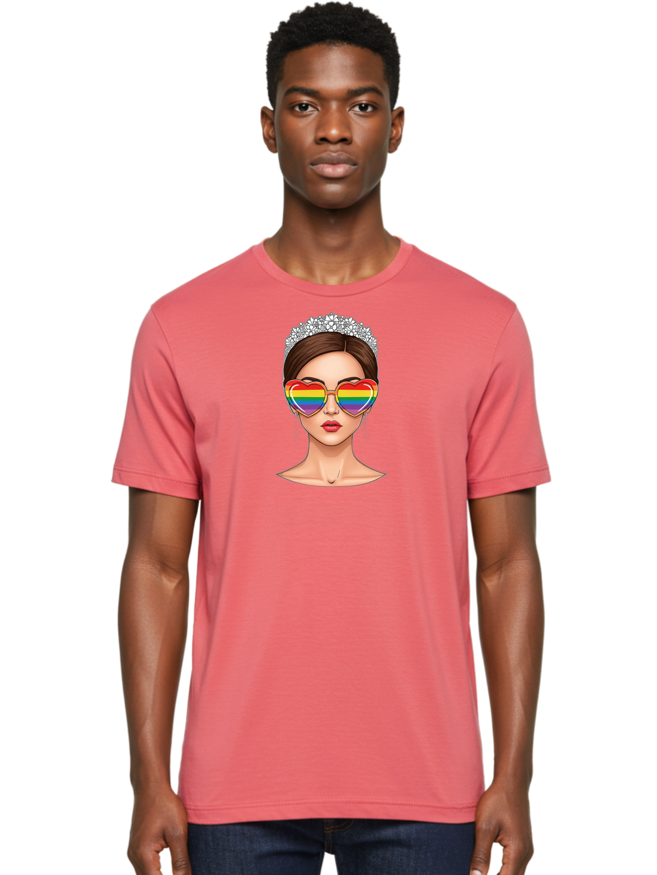 Queen-Of-Pride Men'S Graphic Tee, 100% Cotton, Comfortable Casual Summer Wear, Machine Washable, Heart-Shaped Sunglasses, Rainbow Colors, Lgbtq+ Pride, Glamorous Look, Tiara, Fashionable Accessories, Bold Statement, Rainbow Shades, Bab271
