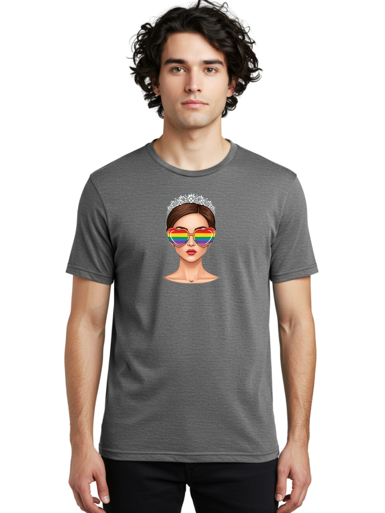 Queen-Of-Pride Men'S Graphic Tee, 100% Cotton, Comfortable Casual Summer Wear, Machine Washable, Heart-Shaped Sunglasses, Rainbow Colors, Lgbtq+ Pride, Glamorous Look, Tiara, Fashionable Accessories, Bold Statement, Rainbow Shades, Bab271