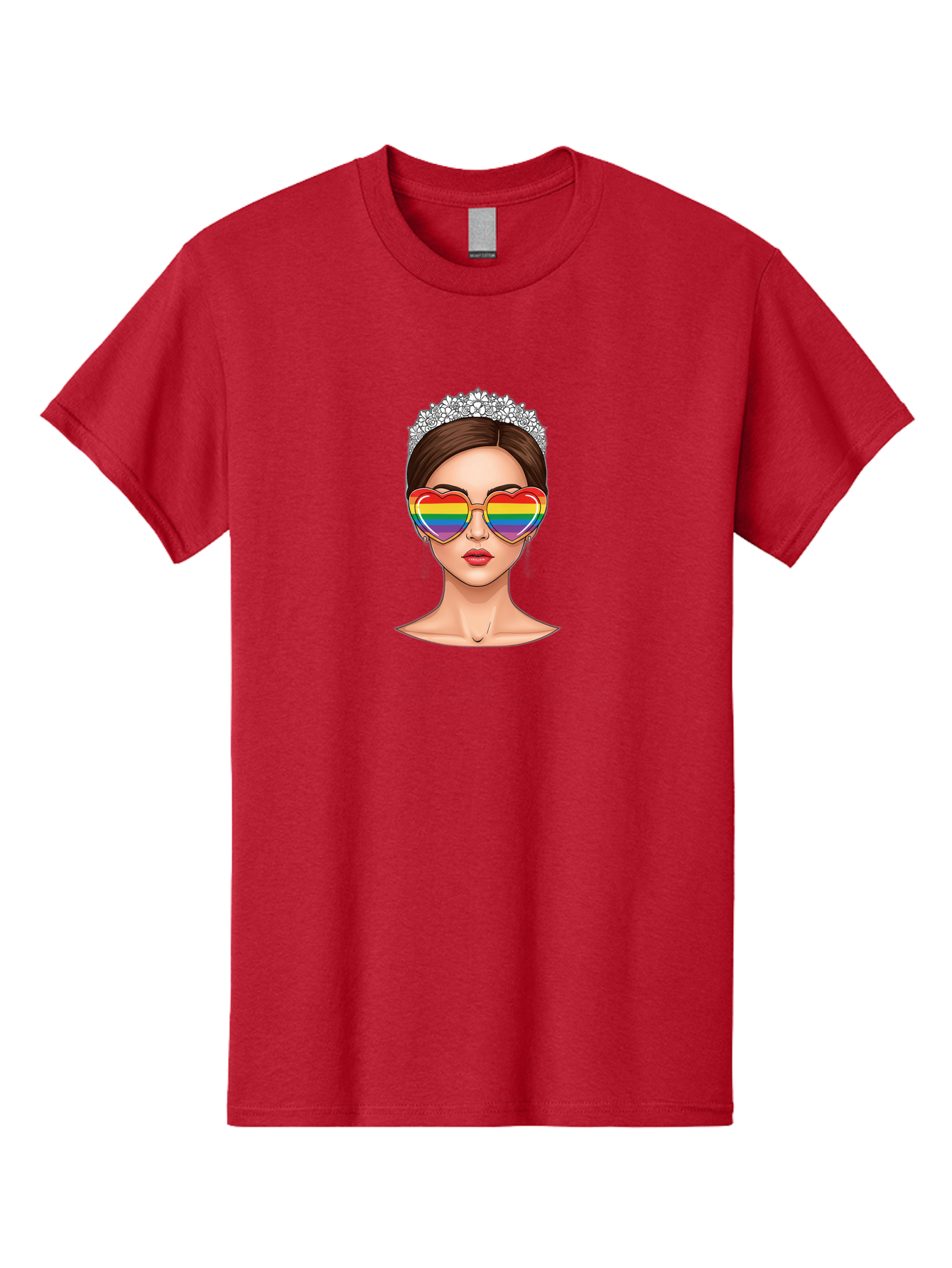 Queen-Of-Pride Men'S Graphic Tee, 100% Cotton, Comfortable Casual Summer Wear, Machine Washable, Heart-Shaped Sunglasses, Rainbow Colors, Lgbtq+ Pride, Glamorous Look, Tiara, Fashionable Accessories, Bold Statement, Rainbow Shades, Bab271
