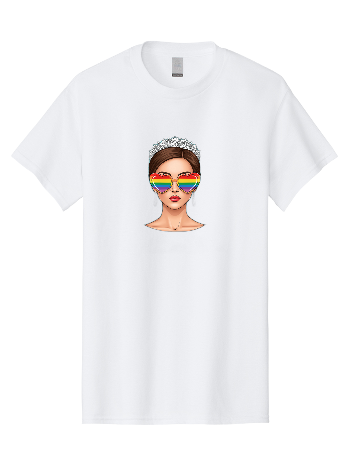 Queen-Of-Pride Men'S Graphic Tee, 100% Cotton, Comfortable Casual Summer Wear, Machine Washable, Heart-Shaped Sunglasses, Rainbow Colors, Lgbtq+ Pride, Glamorous Look, Tiara, Fashionable Accessories, Bold Statement, Rainbow Shades, Bab271