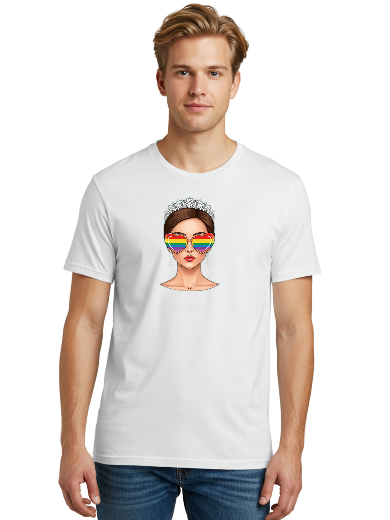 Queen-Of-Pride Men'S Graphic Tee, 100% Cotton, Comfortable Casual Summer Wear, Machine Washable, Heart-Shaped Sunglasses, Rainbow Colors, Lgbtq+ Pride, Glamorous Look, Tiara, Fashionable Accessories, Bold Statement, Rainbow Shades, Bab271