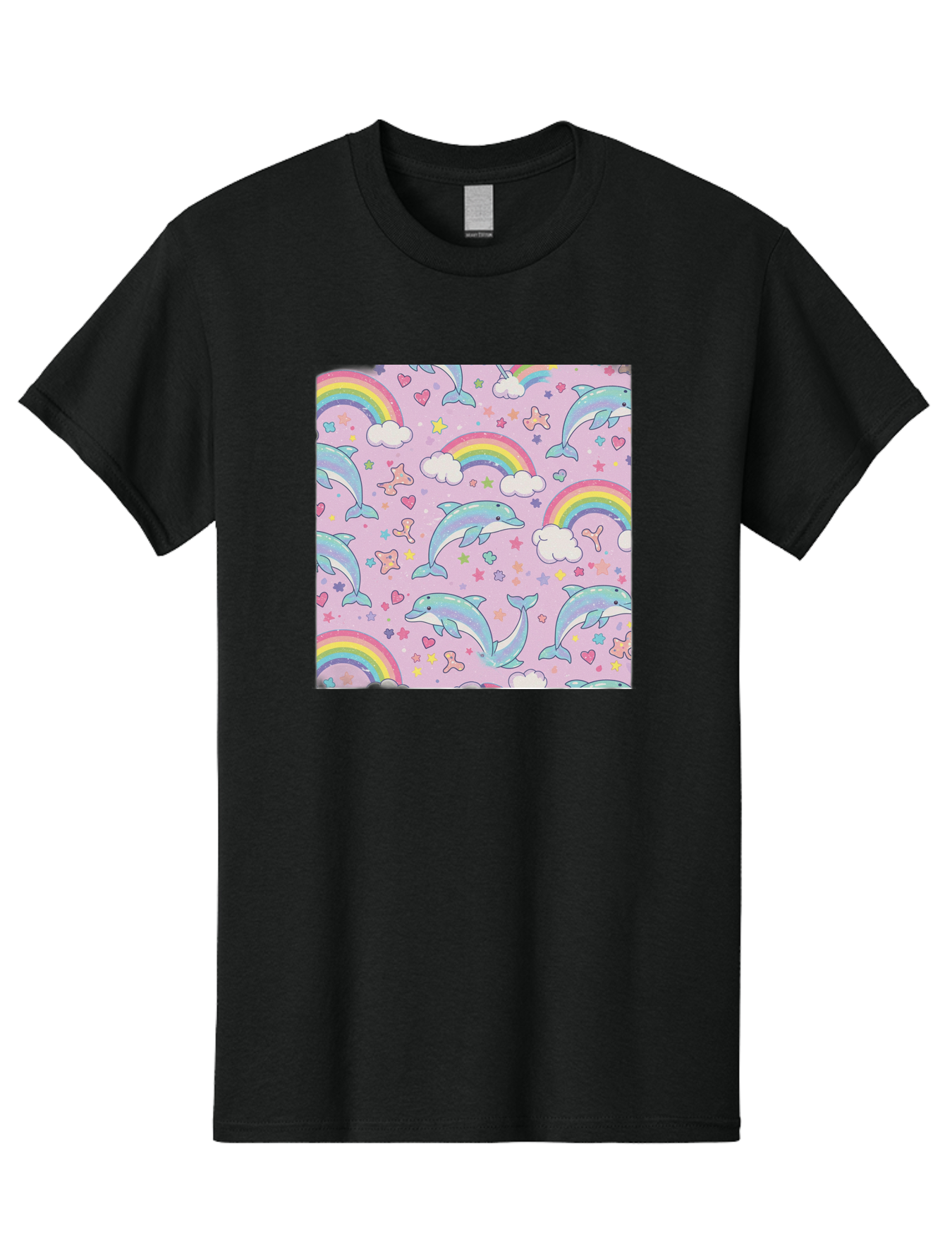 Rainbow-Dolphin-Pattern Men'S Graphic Tee, 100% Cotton, Comfortable Casual Summer Wear, Machine Washable, Dolphins, Rainbows, Clouds, Stars, Hearts, Pastel Colors, Whimsical Design, Playful Pattern, Childrens Theme, Fantasy Elements, Bab273