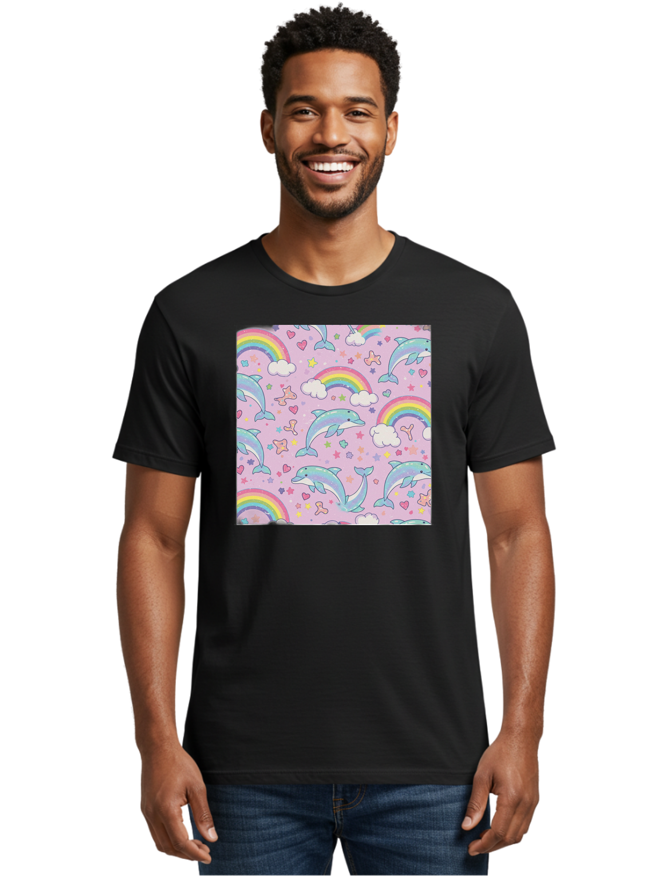 Rainbow-Dolphin-Pattern Men'S Graphic Tee, 100% Cotton, Comfortable Casual Summer Wear, Machine Washable, Dolphins, Rainbows, Clouds, Stars, Hearts, Pastel Colors, Whimsical Design, Playful Pattern, Childrens Theme, Fantasy Elements, Bab273