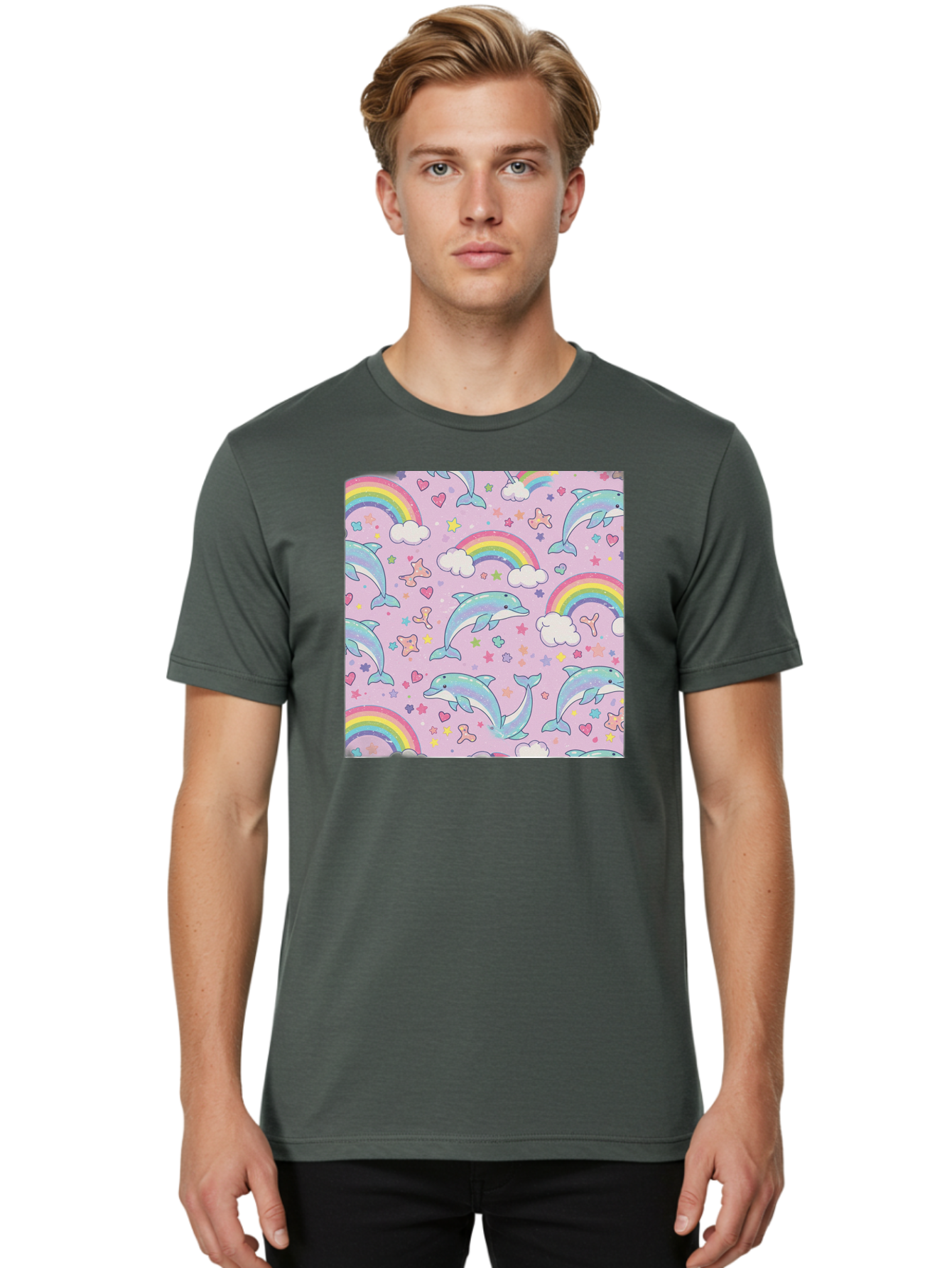 Rainbow-Dolphin-Pattern Men'S Graphic Tee, 100% Cotton, Comfortable Casual Summer Wear, Machine Washable, Dolphins, Rainbows, Clouds, Stars, Hearts, Pastel Colors, Whimsical Design, Playful Pattern, Childrens Theme, Fantasy Elements, Bab273
