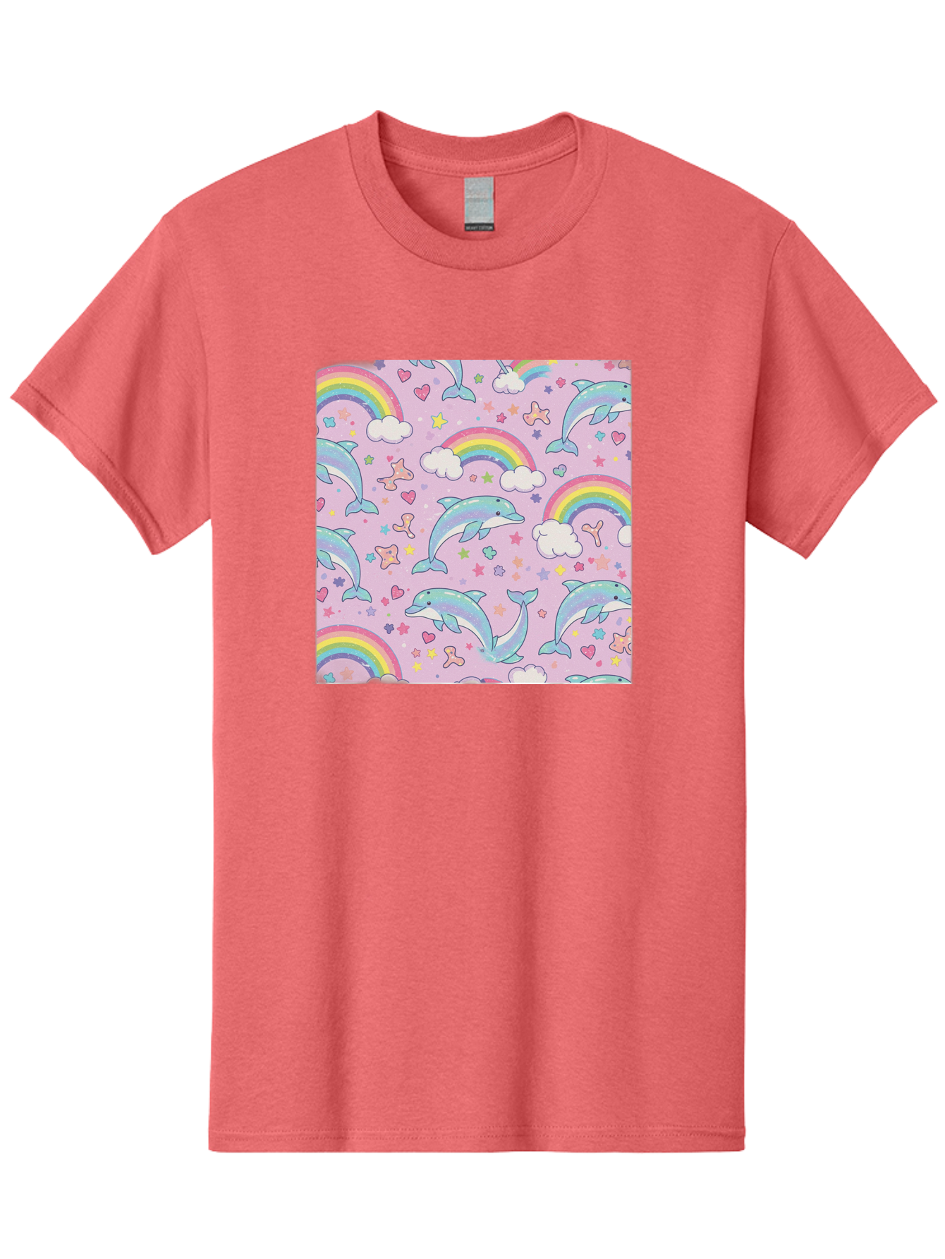 Rainbow-Dolphin-Pattern Men'S Graphic Tee, 100% Cotton, Comfortable Casual Summer Wear, Machine Washable, Dolphins, Rainbows, Clouds, Stars, Hearts, Pastel Colors, Whimsical Design, Playful Pattern, Childrens Theme, Fantasy Elements, Bab273