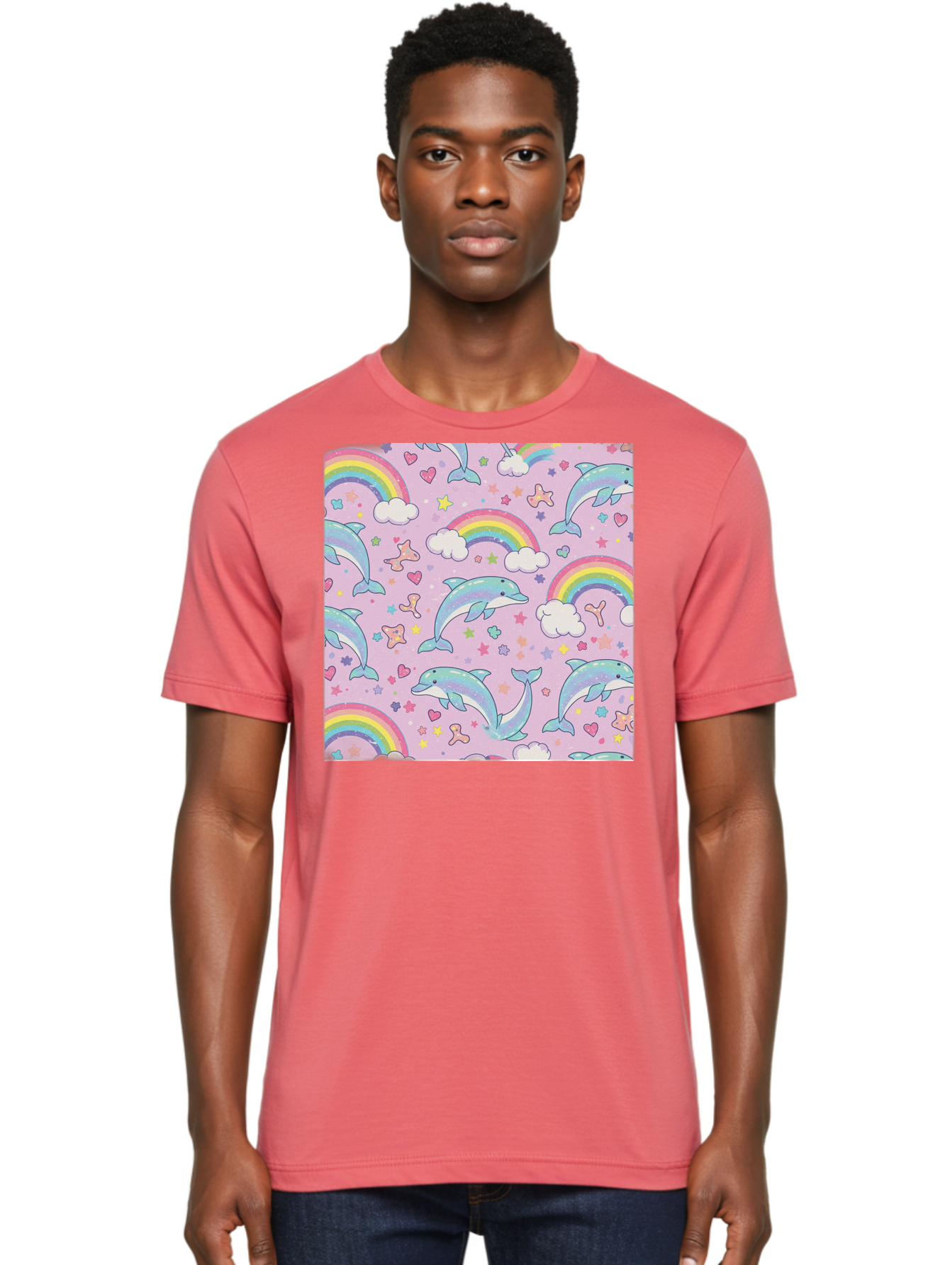 Rainbow-Dolphin-Pattern Men'S Graphic Tee, 100% Cotton, Comfortable Casual Summer Wear, Machine Washable, Dolphins, Rainbows, Clouds, Stars, Hearts, Pastel Colors, Whimsical Design, Playful Pattern, Childrens Theme, Fantasy Elements, Bab273
