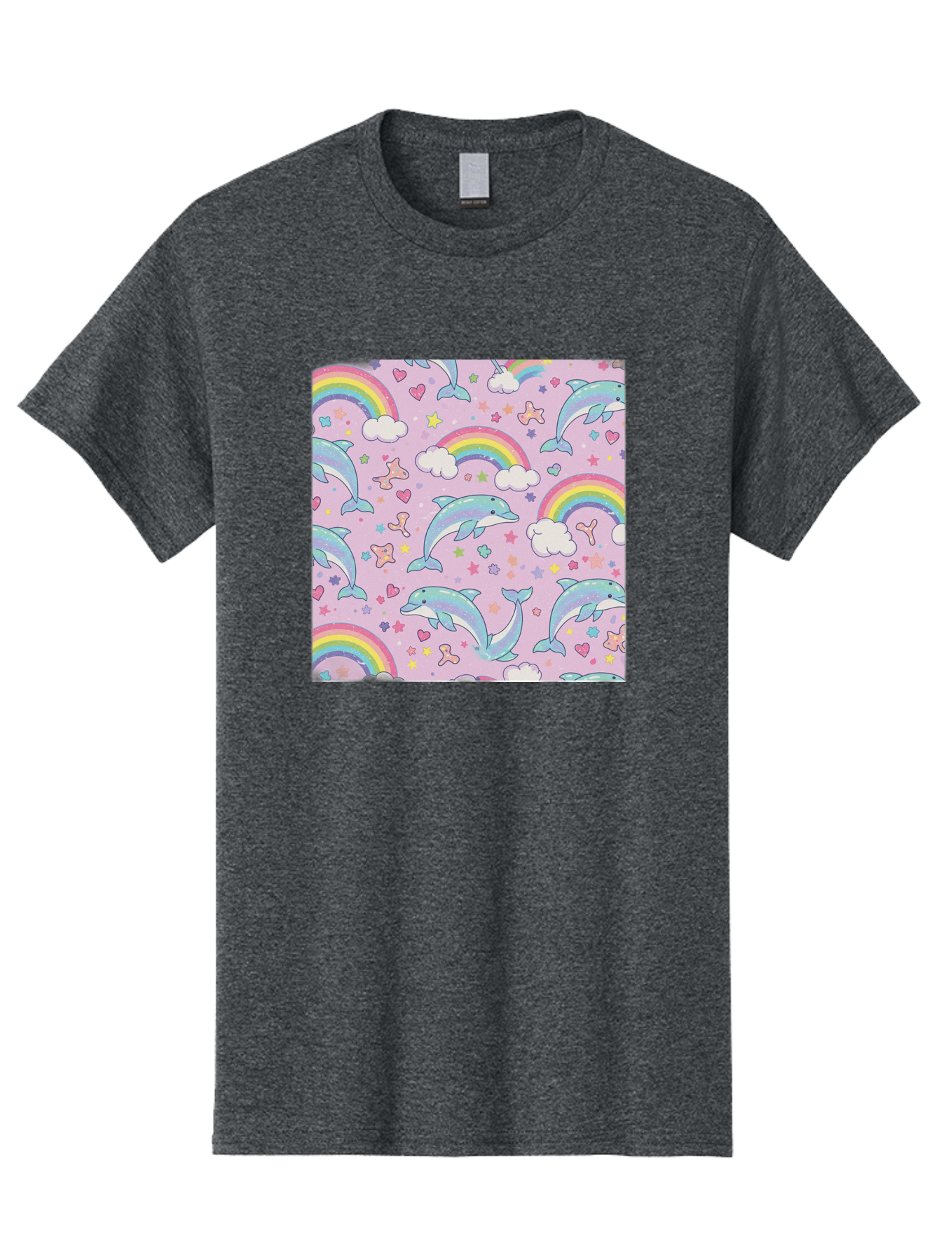 Rainbow-Dolphin-Pattern Men'S Graphic Tee, 100% Cotton, Comfortable Casual Summer Wear, Machine Washable, Dolphins, Rainbows, Clouds, Stars, Hearts, Pastel Colors, Whimsical Design, Playful Pattern, Childrens Theme, Fantasy Elements, Bab273